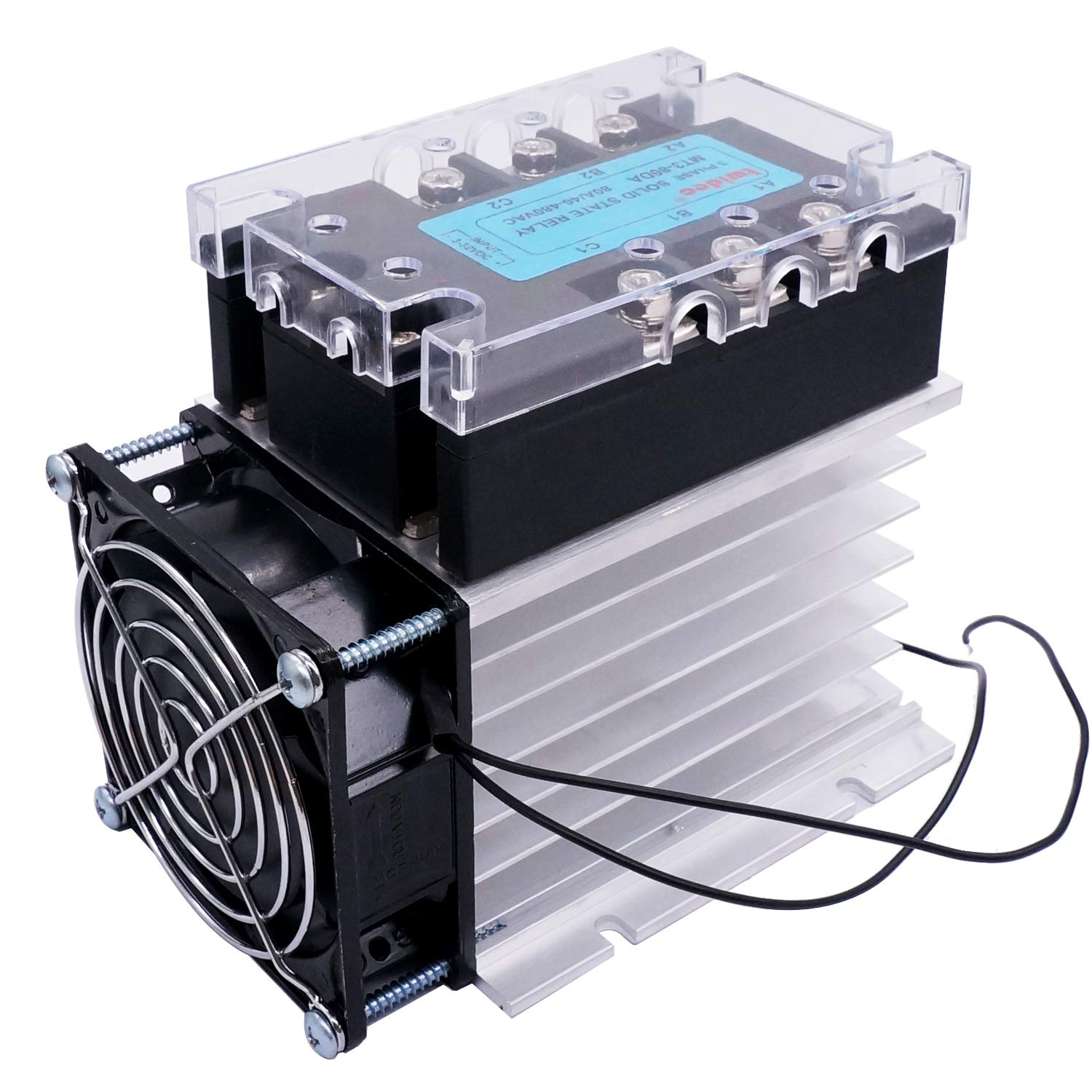 Twidec Relè a stato solido a 3 fasi 80DA SSR relè da CC a AC 40A 3-32VDC a 40-480V AC Relè + dissipatore di calore in alluminio + ventilatore elettrico MT3-80DA-SF