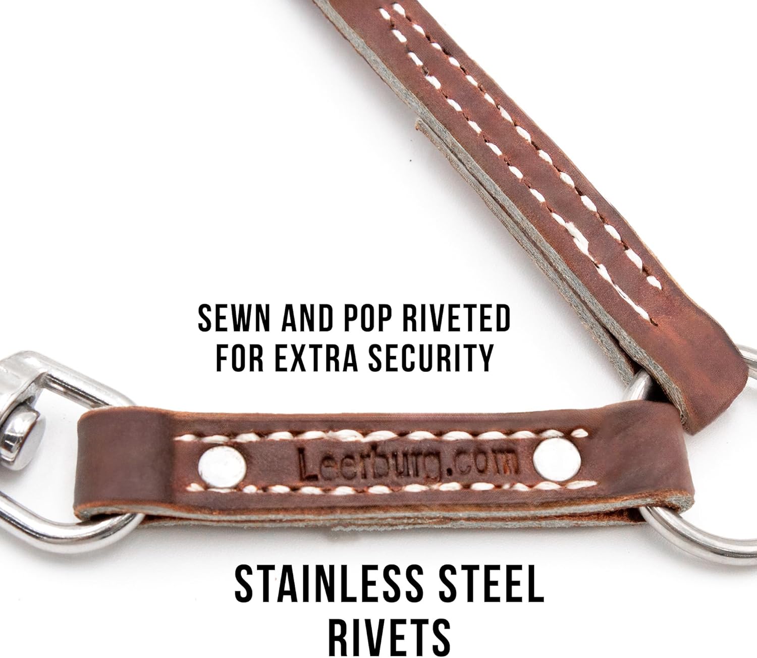 Leerburg Brown Prong-Collar Leash Adapter – Latigo Leather, Double Stitches & Stainless Steel Rivets, Stainless Steel Hardware, 2 Dog Leash Adapter