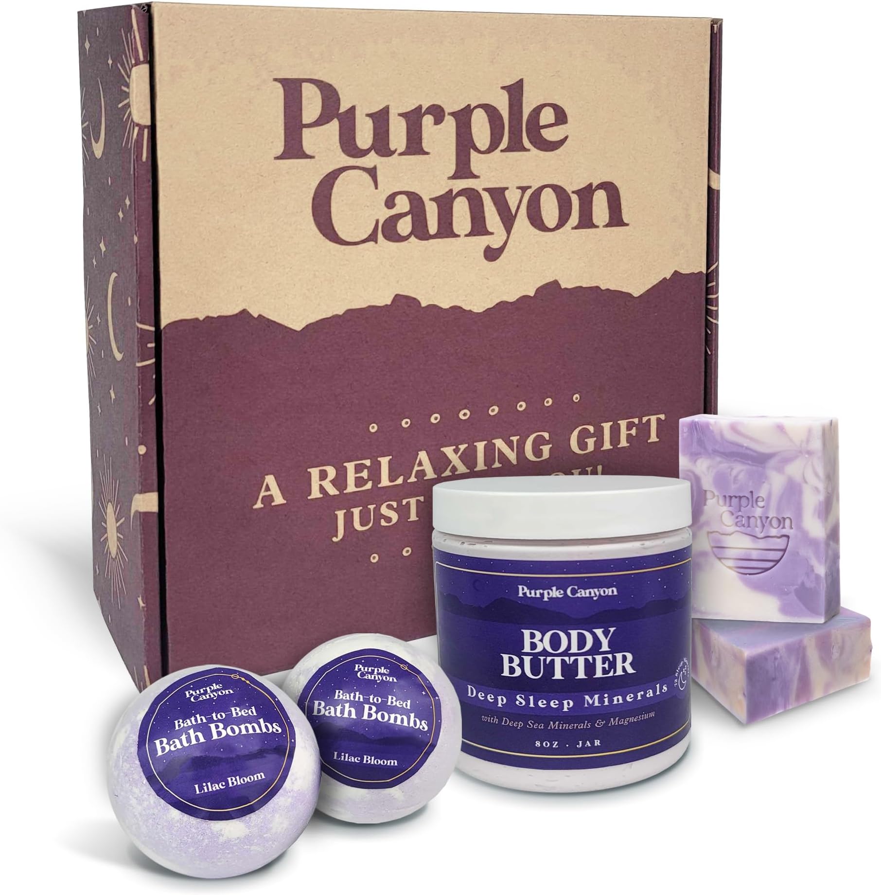 6 Piece Lavender Bath-to-Bed Gift Box | Bath Bombs, Soap, and Body Butter Infused with Magnesium and Deep Sea Minerals | Self-Care Products for Rest and Relaxation