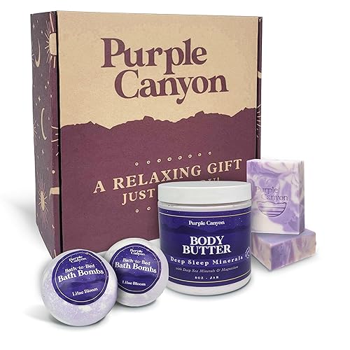 Purple Canyon Caja de regalo de 6 piezas de lavanda para baño a cama  Bombas de baño, jabón y mantequilla corporal infundidas con magnesio y