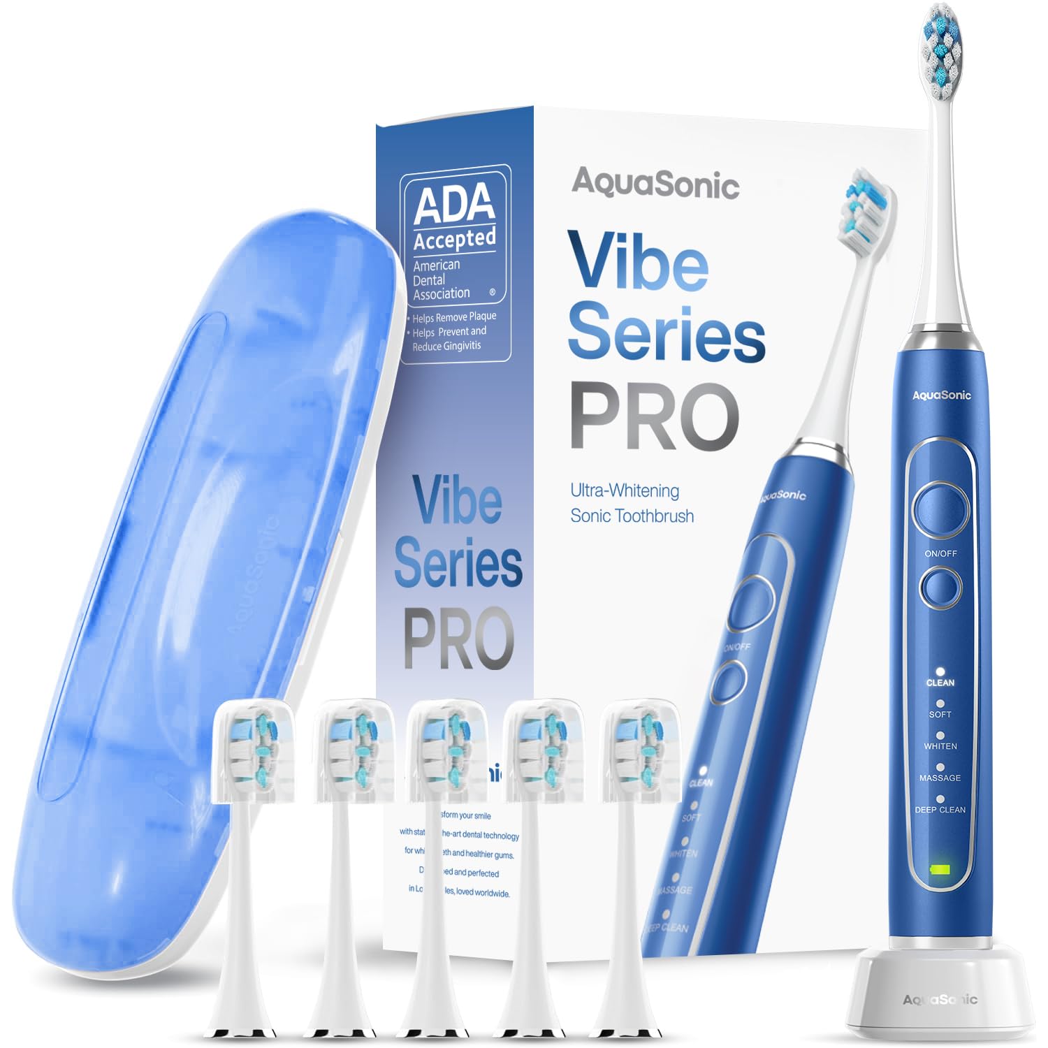 Aquasonic Vibe Series PRO – Ultra-Whitening Electric Toothbrush – 5 Modes &amp; Smart Timers – Premium Travel Case &amp; 6 Proflex Brush Heads – ADA Accepted Toothbrush (Sapphire Blue)