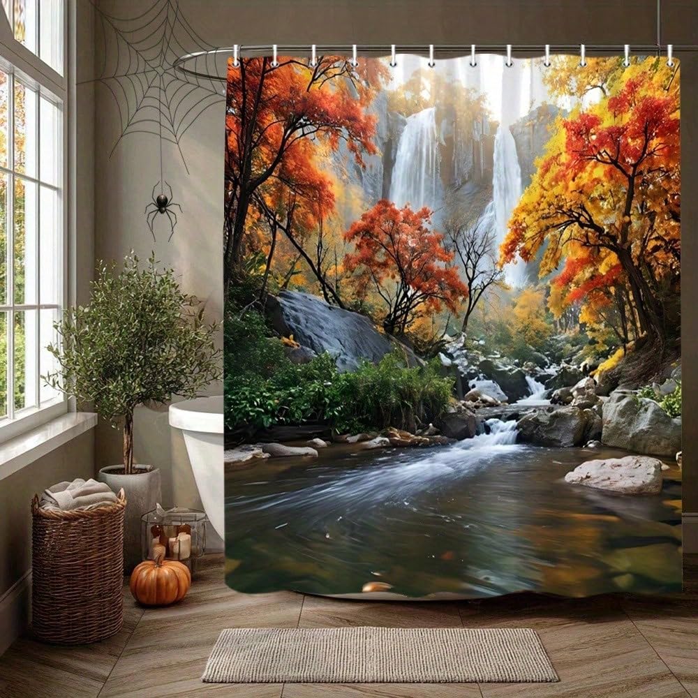 GLKSDLPO Waterfall Forest Shower Curtain – Autumn Leaves Bathroom Curtain, Bathtub Curtain, Suitable Seasonal Interior Decoration(178x175cm/70x69in(WxH)