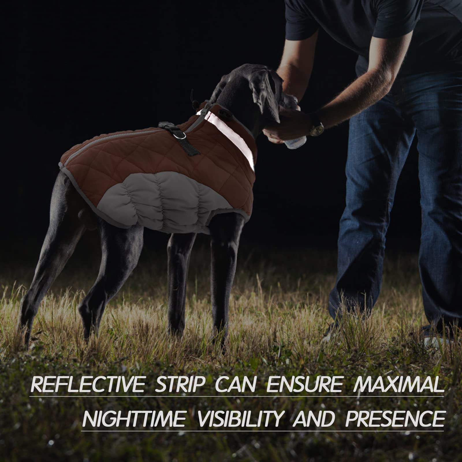 FUAMEY Cappotto per cani, calda giacca invernale con pile imbottito, riflettente, impermeabile e antivento, imbracatura integrata, marrone, XL