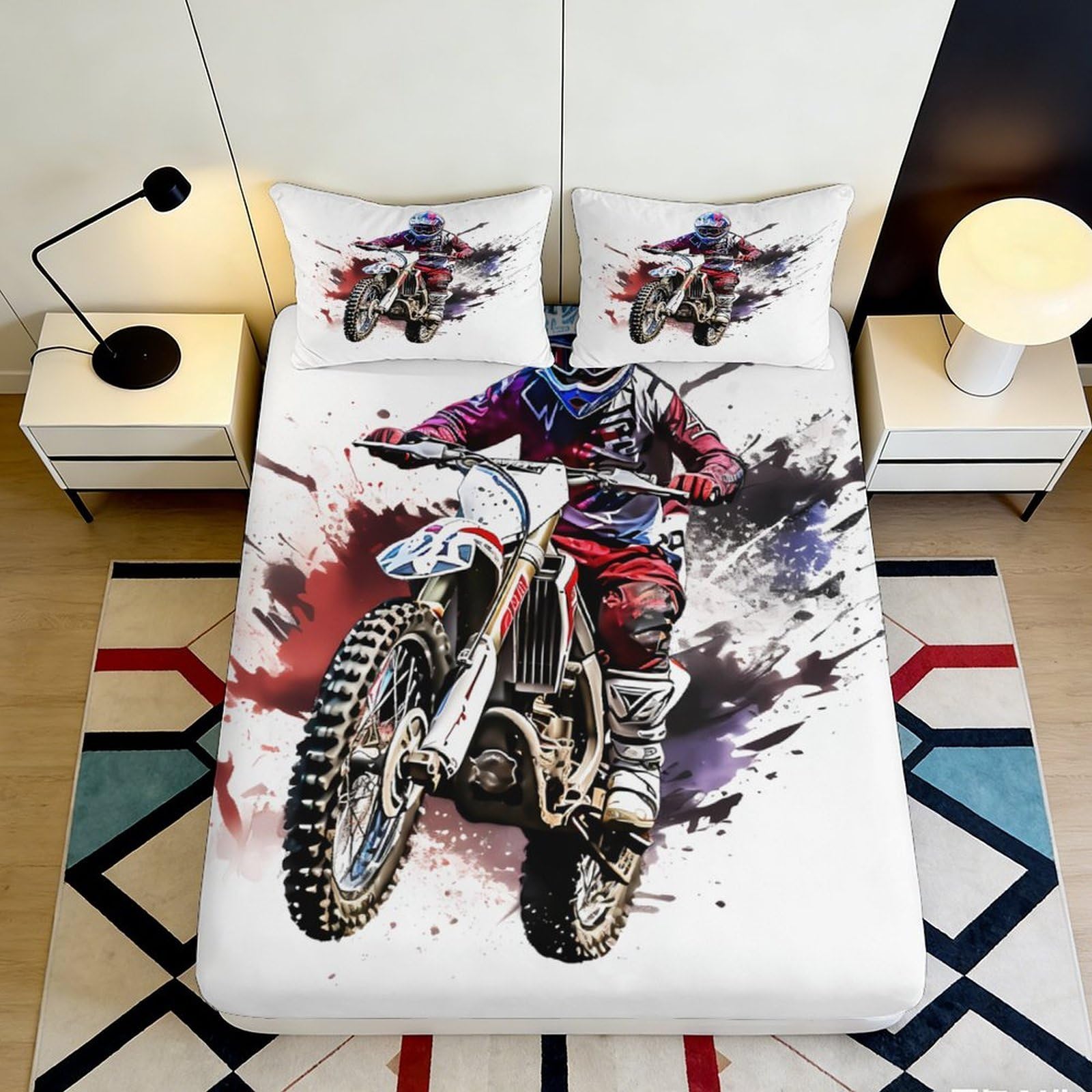 3D Printed Motocross Rider Fitted Sheet Microfiber Bedroom Decor Dirt Bike Bed Cover for Adult Teen Mattress Protection 120x200x25cm