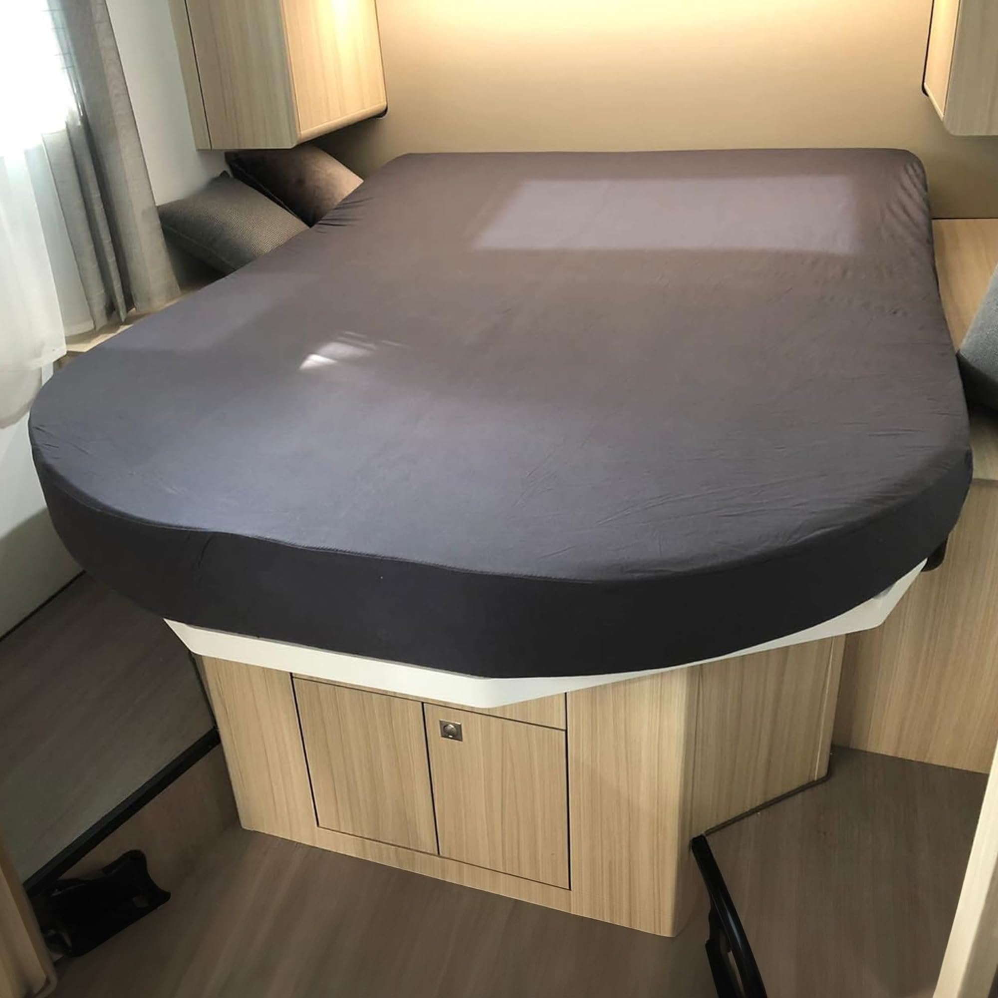 Bettlaken Wohnwagen Queensbett - 3er Set - 1 Molton, 2 Spannbettlaken - Anthrazit- Bettlaken aus hochwertiger Baumwolle -Oeko-TEX - Multi-Stretch-Spannbettlaken für Wohnmobil und Wohnwagen