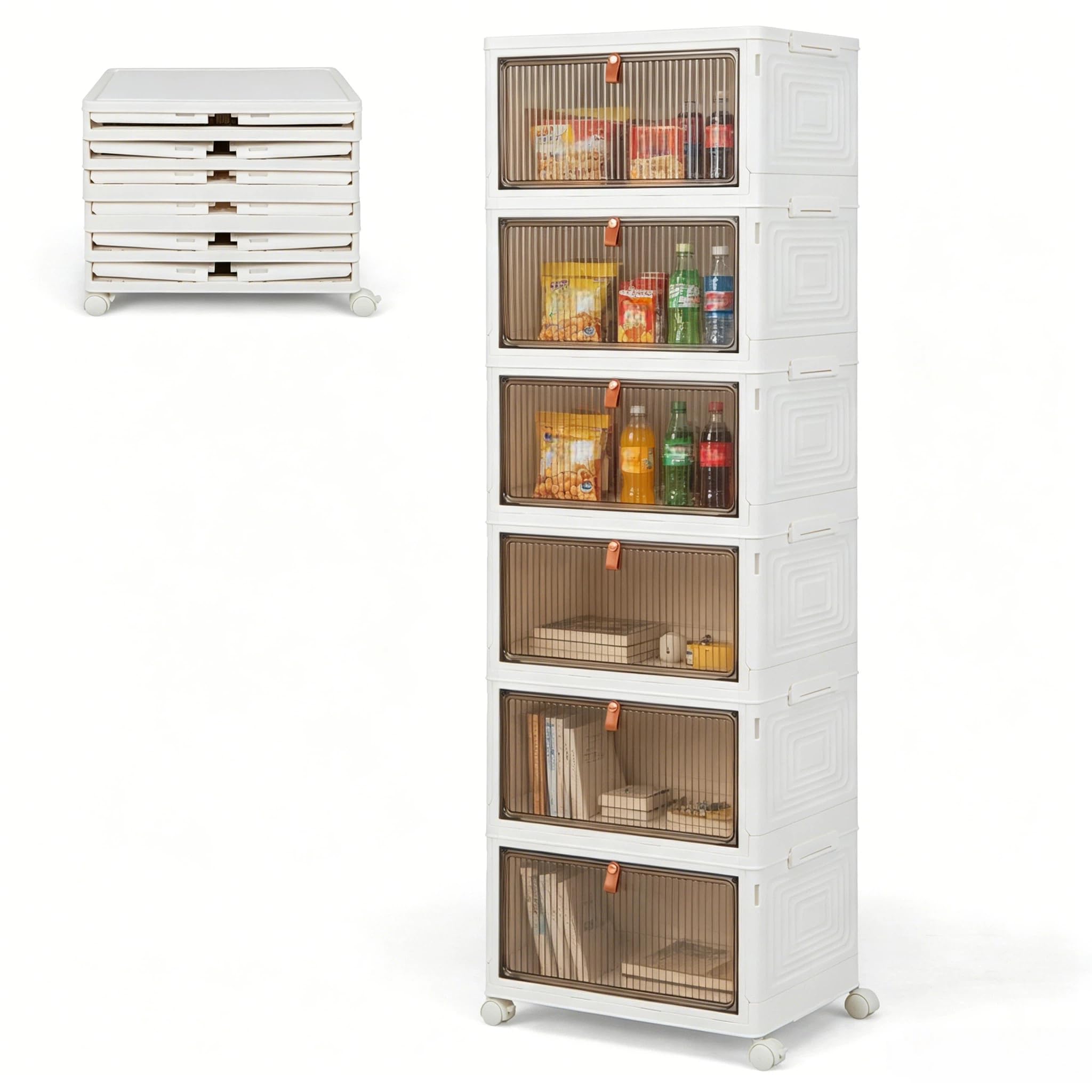 KOMFOTTEU Caja de Almacenamiento de 6 Niveles, Contenedor Apilable con Tapas y Ruedas, Caja Organizadora Transparentes, Caja Plegable para Dormitorio, Sala de Estar, 40 x 27,5 x 123 cm (6 Niveles)
