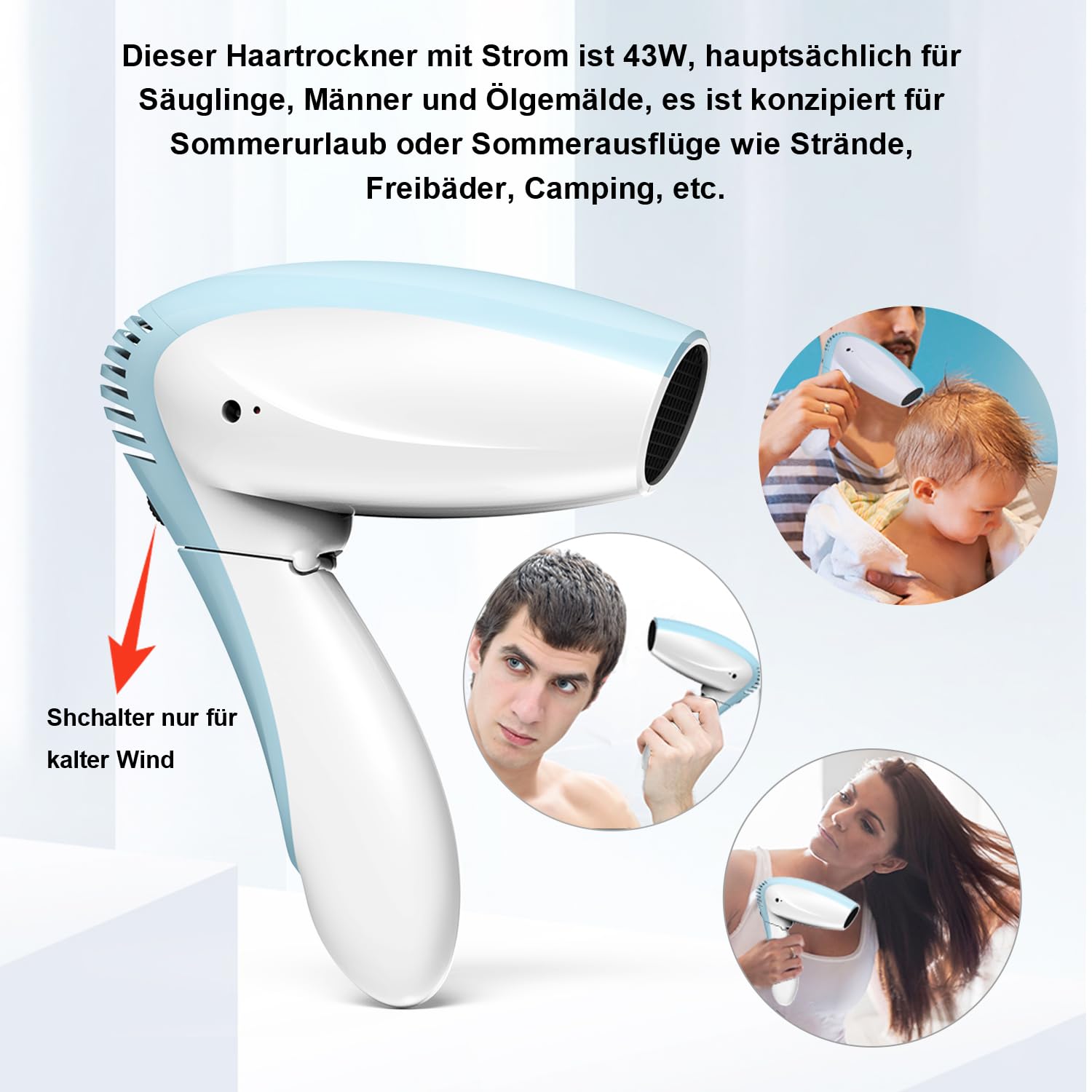 Kabelloser Haartrockner Akku Föhn Reisefön Fön mit Akku Wiederaufladbar | kalte Wind Tragbarer Akku Fön hair dryer mit Klappbar Griff für Camping, Sommer Urlaub Schwimmbad Strand Outdoor BBQ Malerei