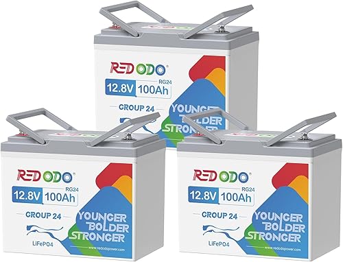 Redodo Batería LiFePO4 de 12 V 100 Ah Grupo 24 (paquete de 3), batería de litio integrada 100A BMS, máx. 20.48 kWh, más de 4000 ciclos profundos,
