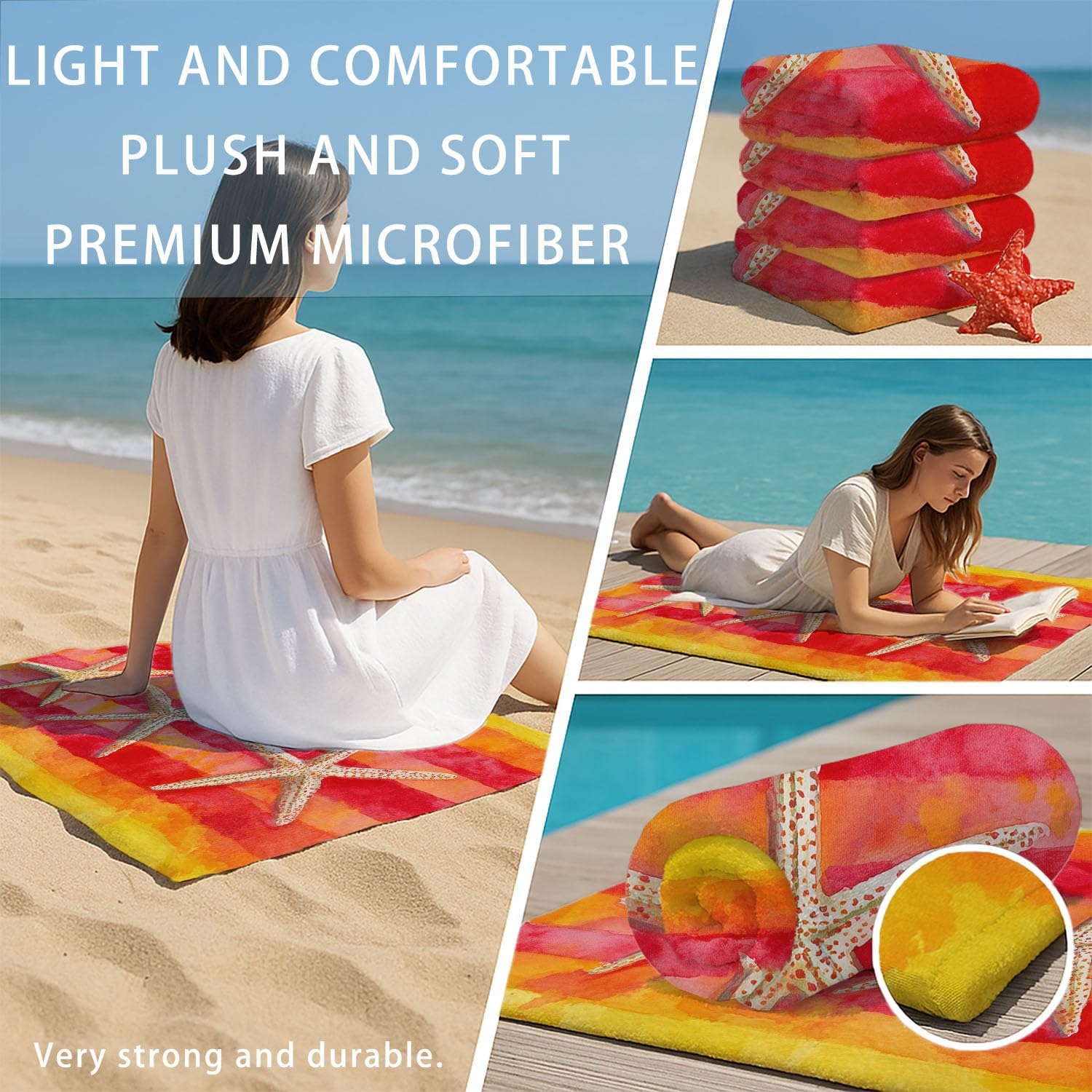 Générique Serviette de Plage Microfibre 200 x 100 CM,Drap de Plage Américain, rétro, rayé, Couverture de Plage Absorbante,Couverture de Bain Étoiles de mer, Animaux