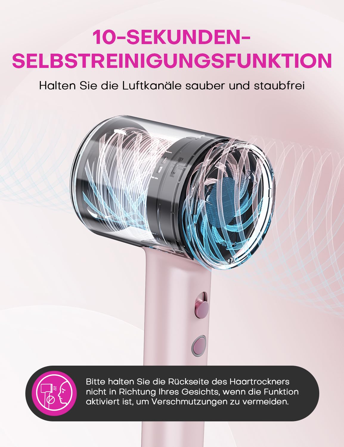 Hochgeschwindigkeits Ionen Föhn mit Diffusor: 1600W 110.000 U/min Haartrockner 2 Geschwindigkeiten & 4 Heizstufen, Kompakter & Leichter Leiser fön für Frauen (Rosa)