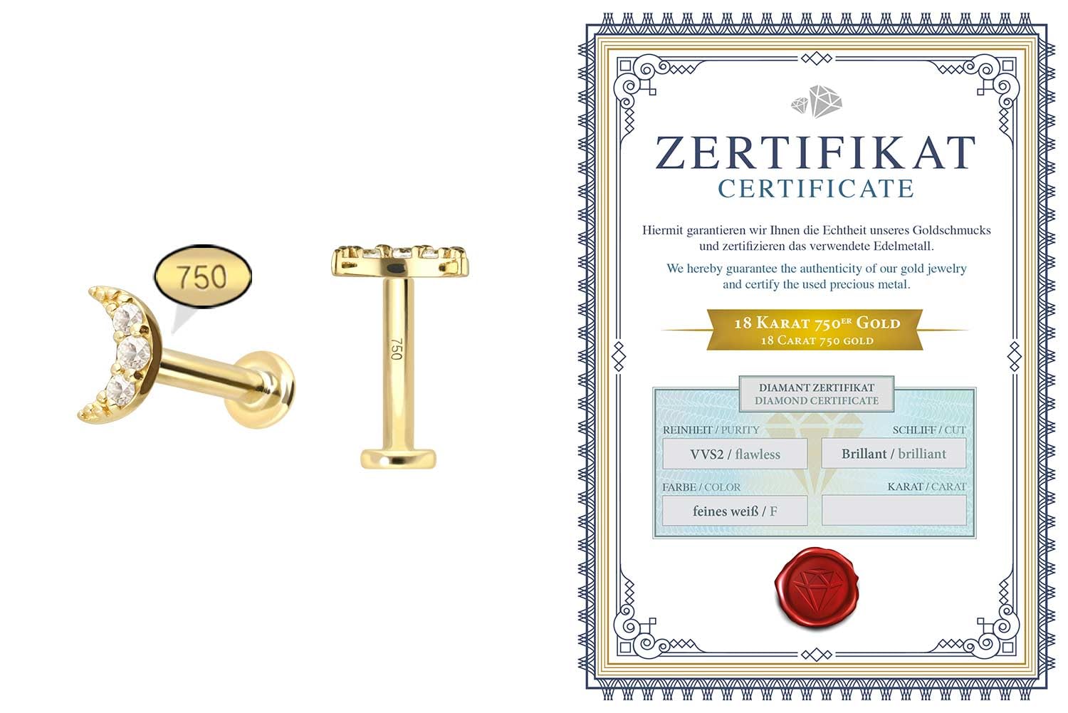 PIERCINGLINE Piercing Stecker 18 Gold Labret mit Innengewinde DIAMANT-MOND 750er Gold - Goldfarben