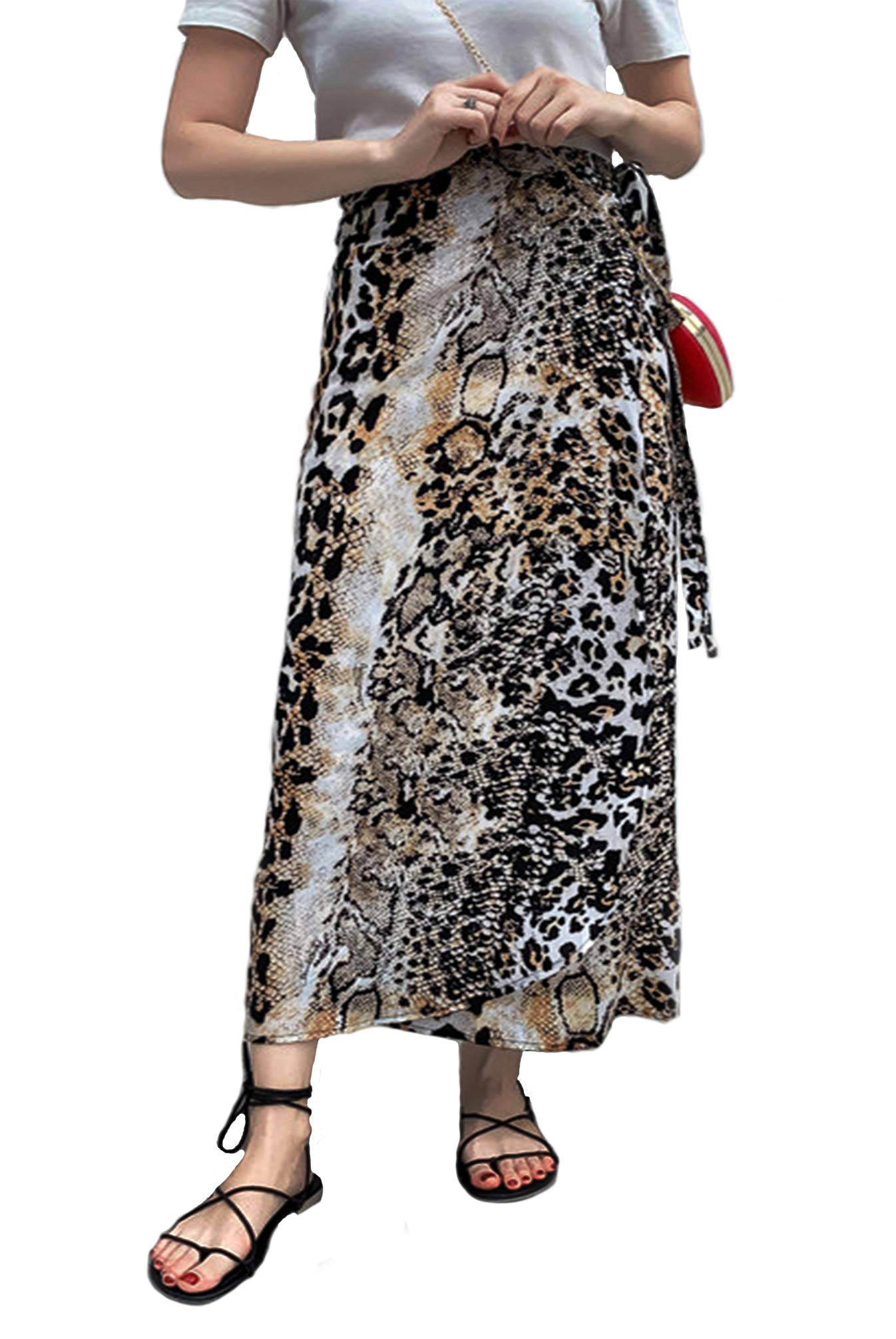 BotanmuWomen's Wrap-Around Skirt Tie-Waist Leopard Printed Chiffon Long Skirt Plus Size Wrap Beachwear Skirts Cover Up (A)