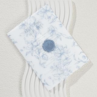 UNIQOOO 50 Pack Pre-Folded Dusty Blue Floral Vellum Jackets&Wildflower Wax Seal Stickers