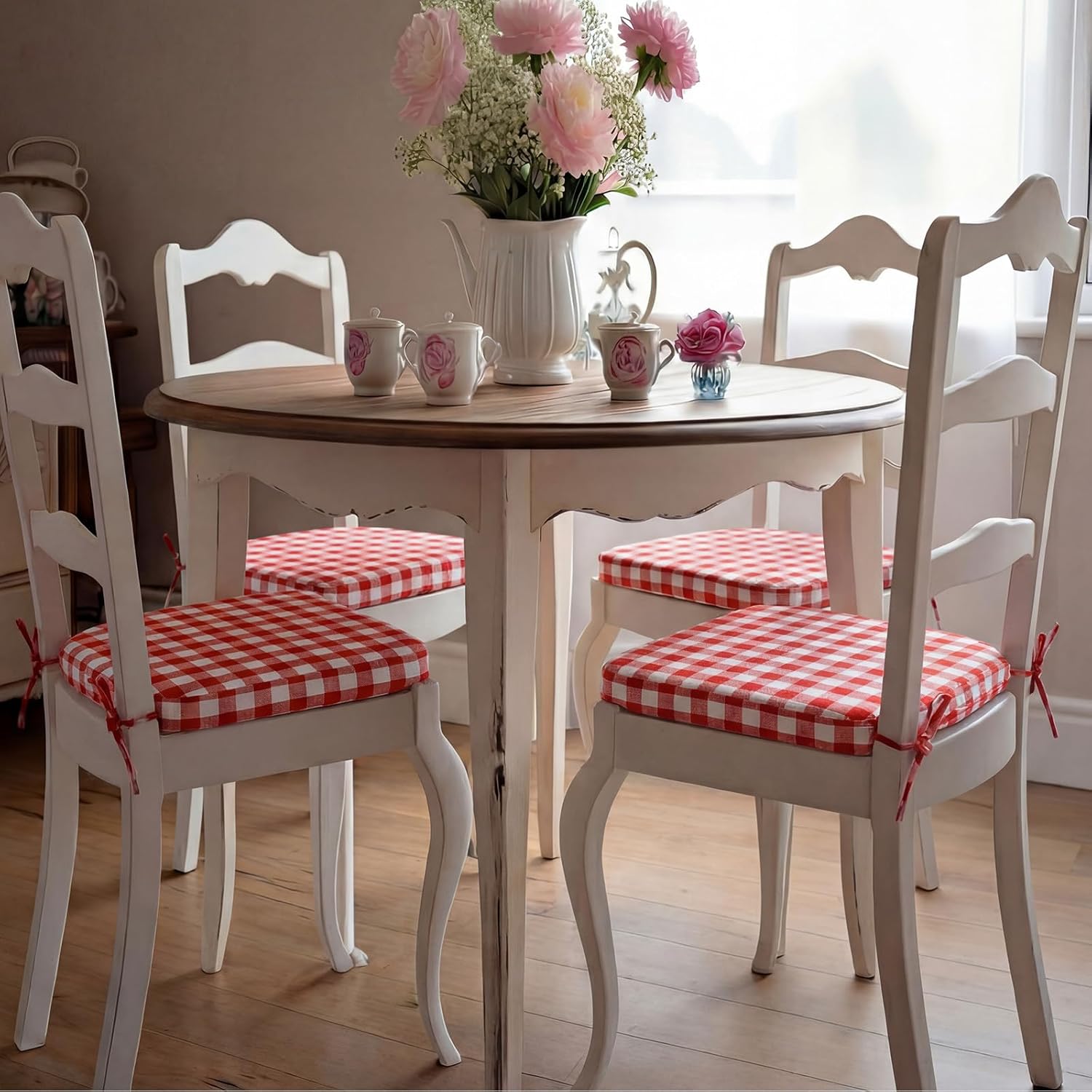 Geetery 4 Pack D-Shaped Checkered Chair Cushion for Dining 17"x16"x2" Thick Buffalo Plaid Non-Slip Chair Pad with Ties and Removable Cover for Home Outdoor Patio Room Indoor Seat Cushion (Red White)