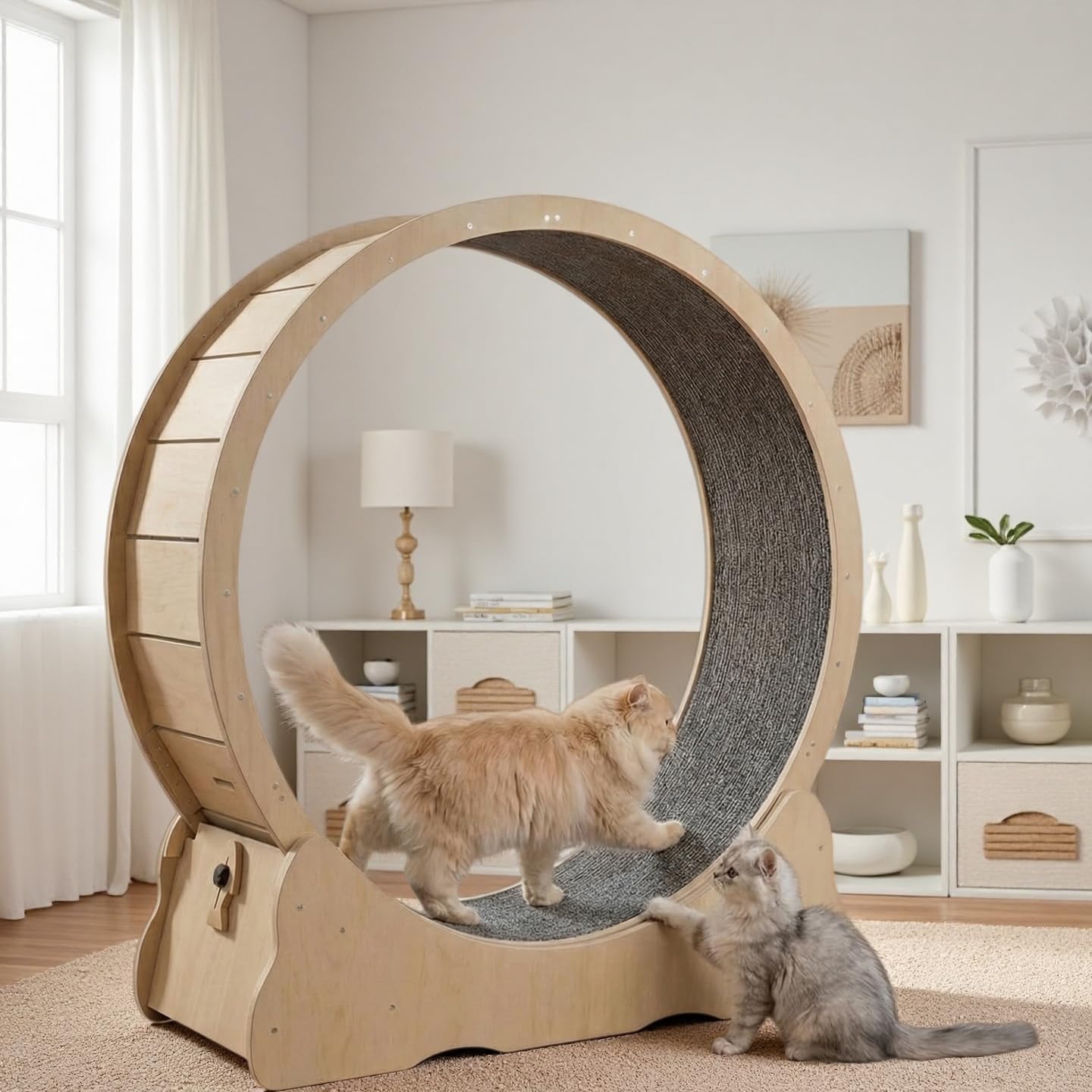 Roulant per gatti, 132 cm, con moquette, dispositivo fitness per la perdita di peso, per una vita più lunga del gatto (legno naturale, XXL)