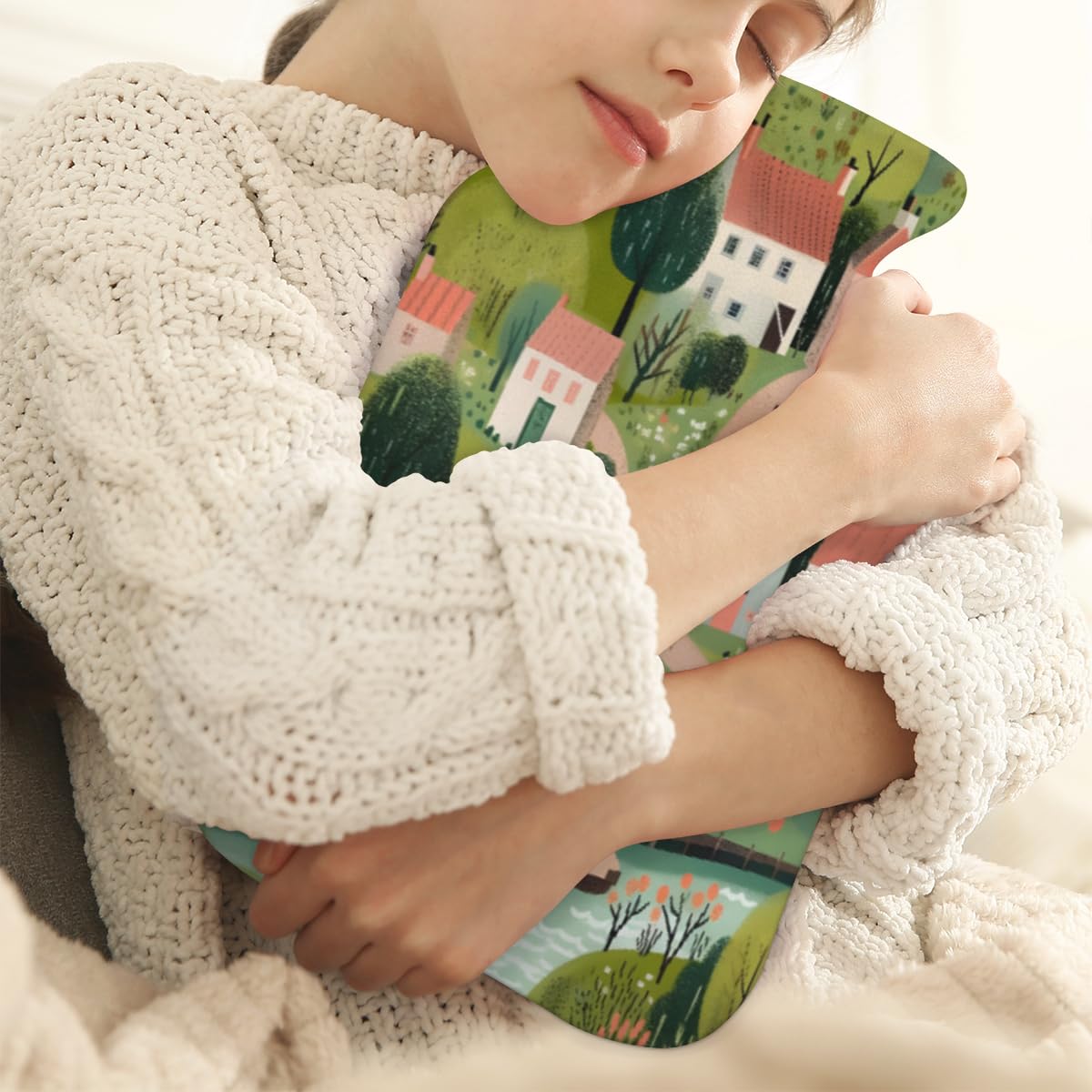 Hot Water Bottle with Soft Cover,2L Cartoon City Hot Water Bag for Hot and Cold Compress, Hand Feet Warmer, Graffiti City Rubber Hot or Cold Water Bottle Halloween Christmas Decorations