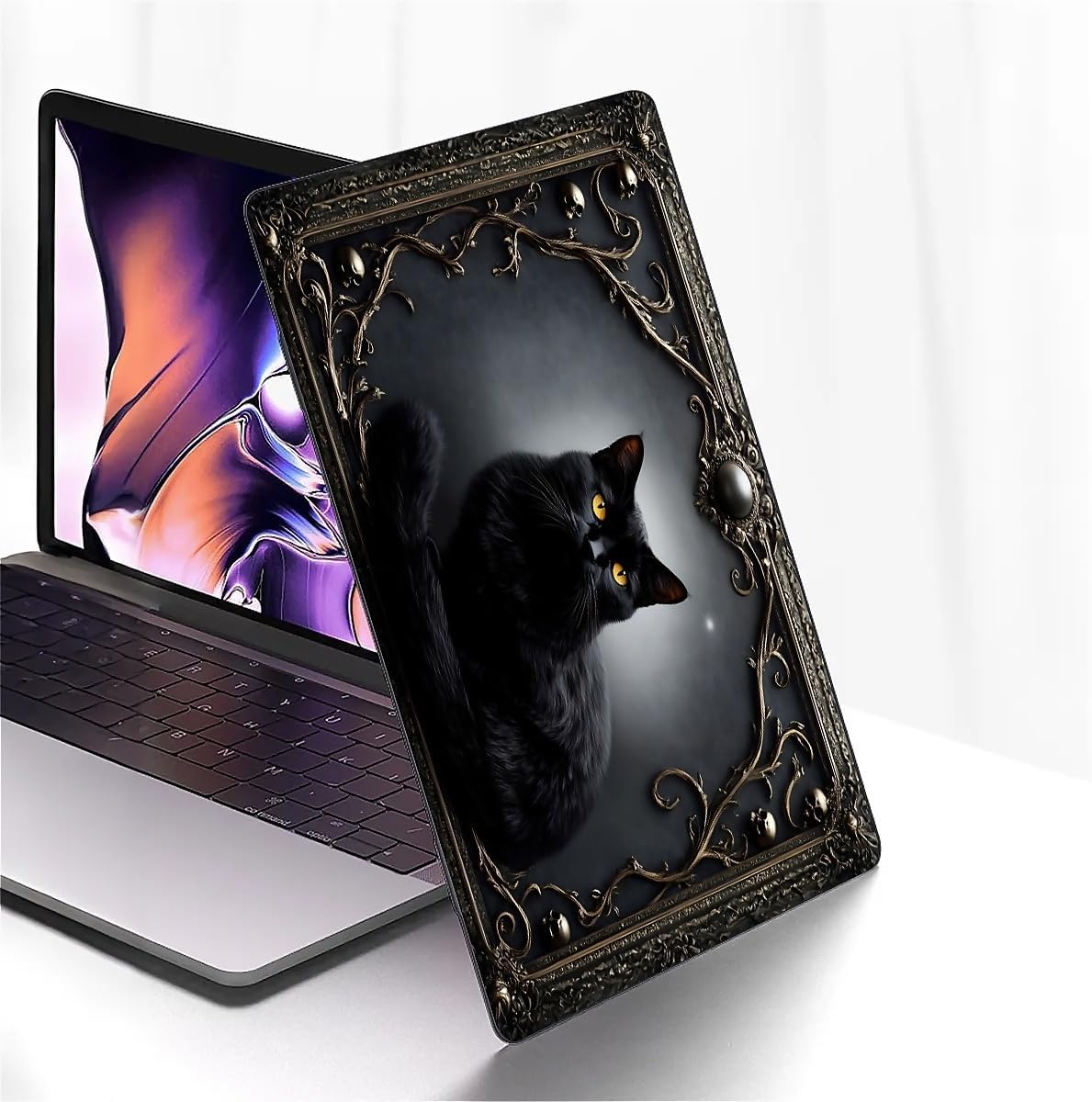 for MacBook Pro 16 Inch Release 2019 Model A2141 Black Computer Case,Novelty Premium Pattern Hardshell Laptop Case Gothic Black Cat Mystical Elegant Feline