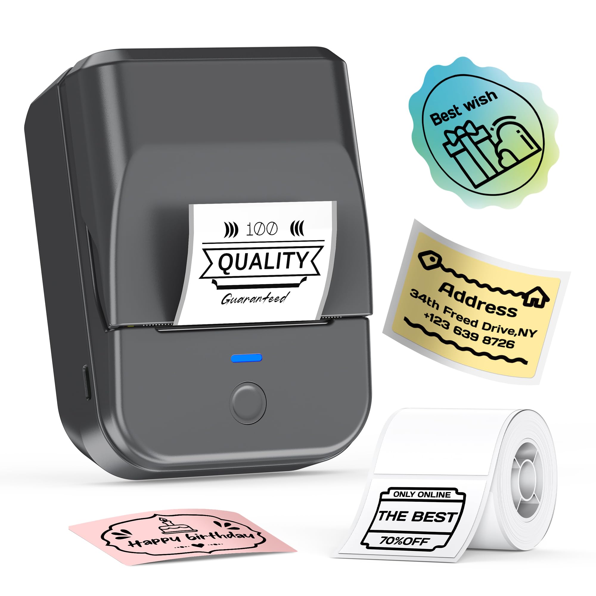 TYPONOS PM240 Etikettendrucker Bluetooth,2 Zoll Aufkleber Drucker,Wiederaufladbar Label Printer,Labeldrucker,Sticker Drucker,Etikettiergerät mit Mehreren Vorlagen für Geschäft Büro Schule Heim DIY