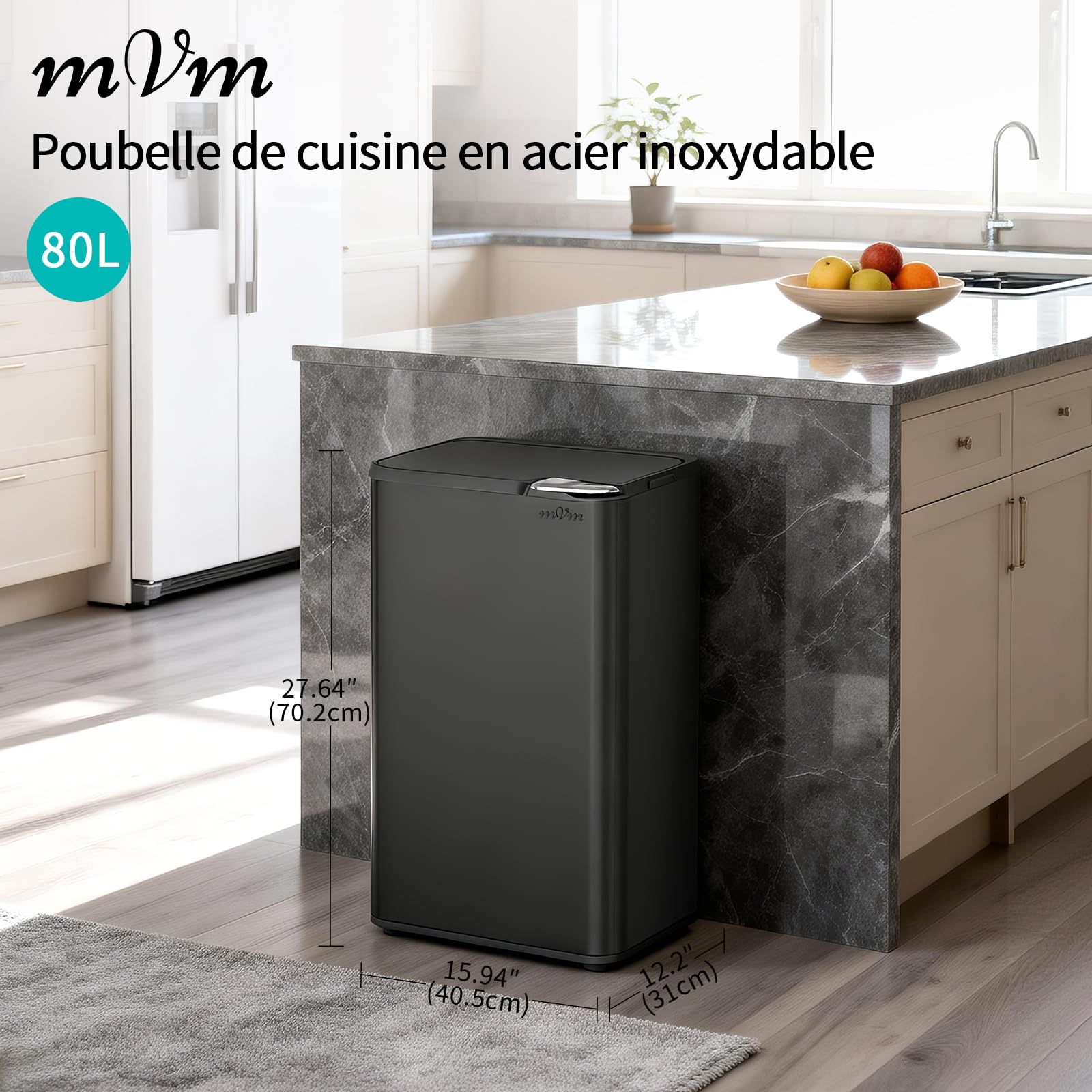 mVm Poubelle de Cuisine, Bureau 80L, avec Couvercle et Filtre Déodorant, Fermeture Douce et Maintien en Ouverture, en acier inoxydable, forme Rectangulaire, Support Détachable