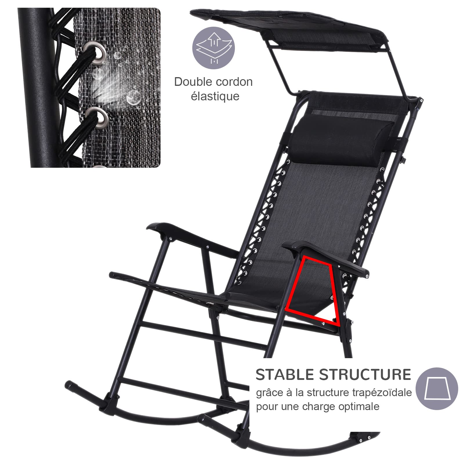 Outsunny Rocking Chair Plegable de Jardín Dim. 105 x 64 x 125 cm tetera + parasol incluido acero epoxi textileno negro