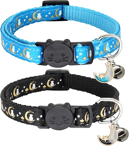 Miniatura 1 de Giecooh Paquete de 2 collares de gato con campanas, collares de seguridad ajustables con luna y estrella para niños y niñas, negro + azul