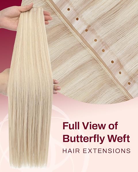 Moresoo OVO Weft Hair Extensions Ash Blonde Highlight Bleached Blonde Seamless Butterfly Weft Hair Extensions Remy Hair 22 Inch 50g/pack #18/613 - 2