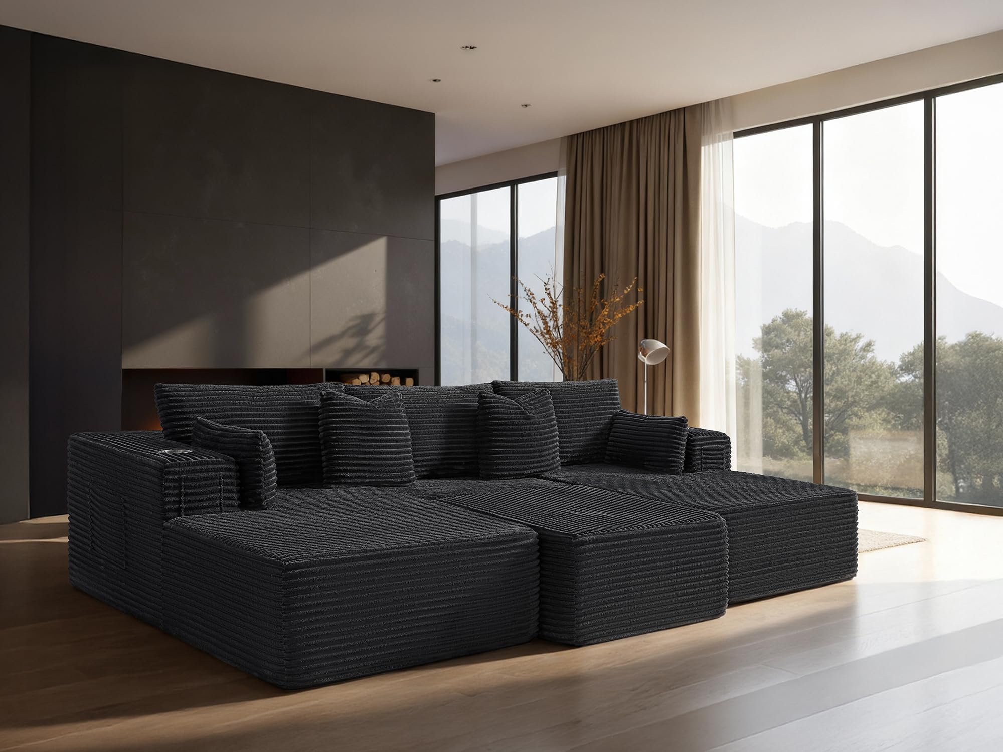 108" Cloud Sectional Couch, Comfort Sleep Sofa for Living Room, Extra Deep Seats No Assembly, Minimalist Modular Couch, Corduroy (Black, Widen Loveseat Chaise)
