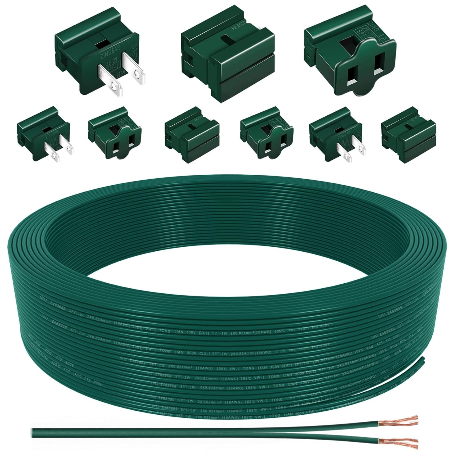 60FT SPT-1 Christmas Electrical Wire with 6 Vampire Plugs,3 Wire Connectors,18 Gauge Wire 2 Conductor Electrical Wire,18/2 Low Voltage Wire,18 AWG Wires Extension Cord for Xmas Holiday Outdoor Light