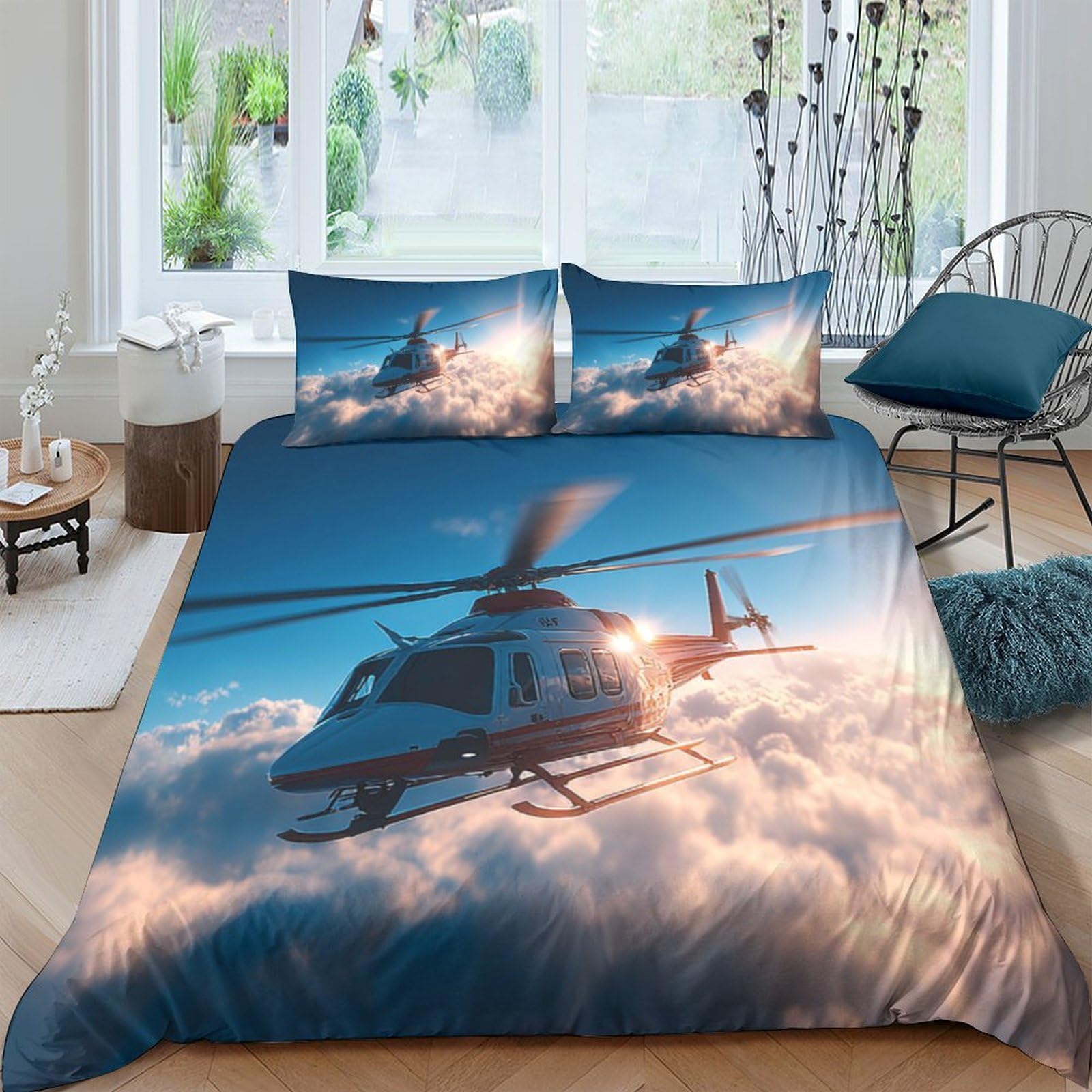 Ctjqhvkz Style-8 3D Printed Helicopter Above Clouds Fitted Sheet Microfiber Soft Breathable Sky Scene Bed Cover For Bedroom Guestroom Decor Single（135X200cm）