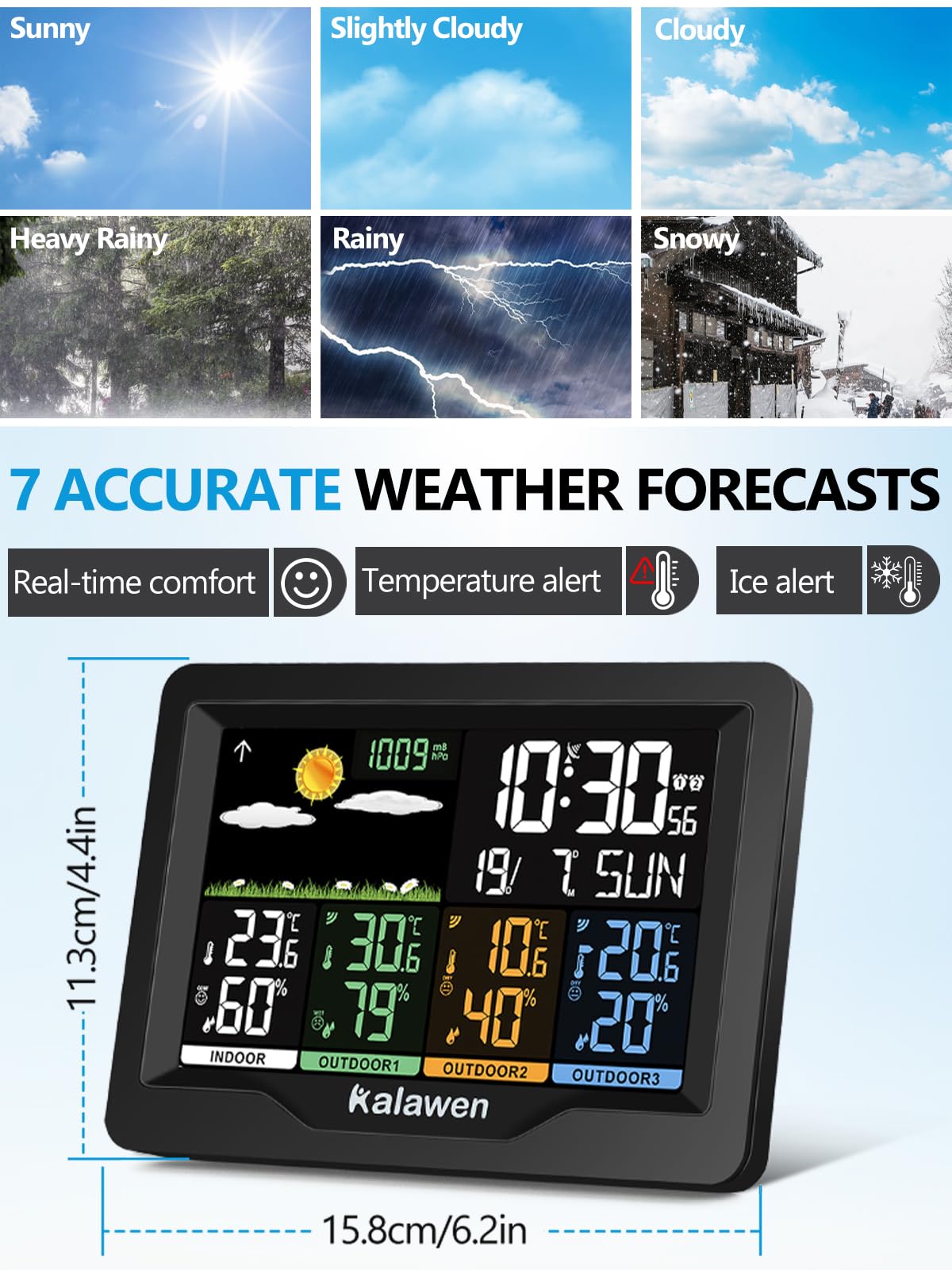 Wetterstation mit 3 Außensensoren Innen und Außen Multifunktionale Funkwetterstation Farbdisplay Digital mit Thermometer Hygrometer DCF-Funkuhr Weather Station für Zuhause Büro Hausgarten