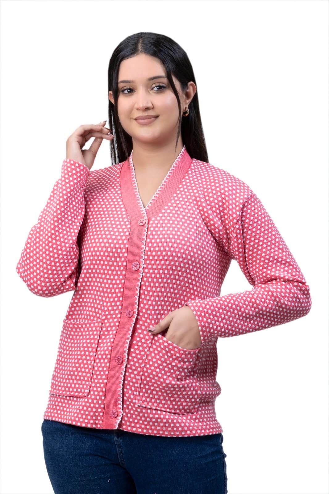 woolvella Women Dotted Print Sweater Cardigan Winter Wear V Neck Full Sleeves Stylish Women Cardigan Sweater (Pink)-picture-46