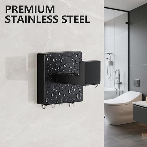 Miniatura 5 de Kruodop 2 ganchos para toallas de baño, soporte para toallas de montaje en pared, gancho negro mate para bata de pared, gancho cuadrado de acero