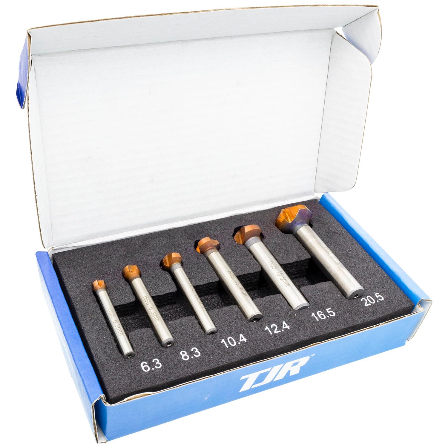 TJR® Fraise conique à 90° Ø 6,3-20,5 mm en acier HSS avec revêtement - Très tranchant - Kit d'ébavurage et d'ébavurage pour bois, métal et plastique dans une boîte de rangement (HSS 4241 avec