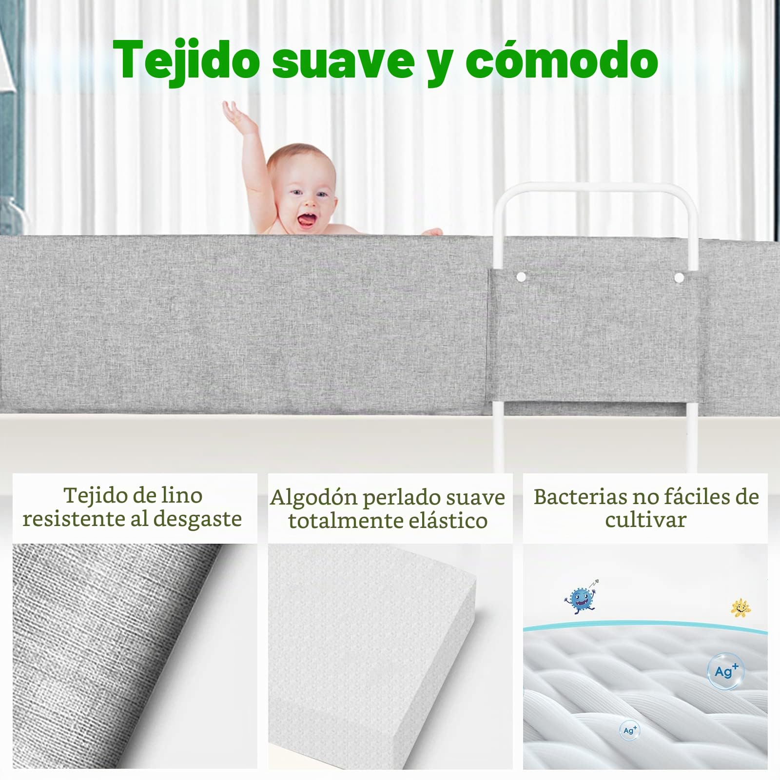 Froadp 150 cm Protector de borde de la cama infantil, altura ajustable, barandilla antideslizante para cama con cremallera, paquete suave, barandilla de seguridad para niños pequeños y bebés