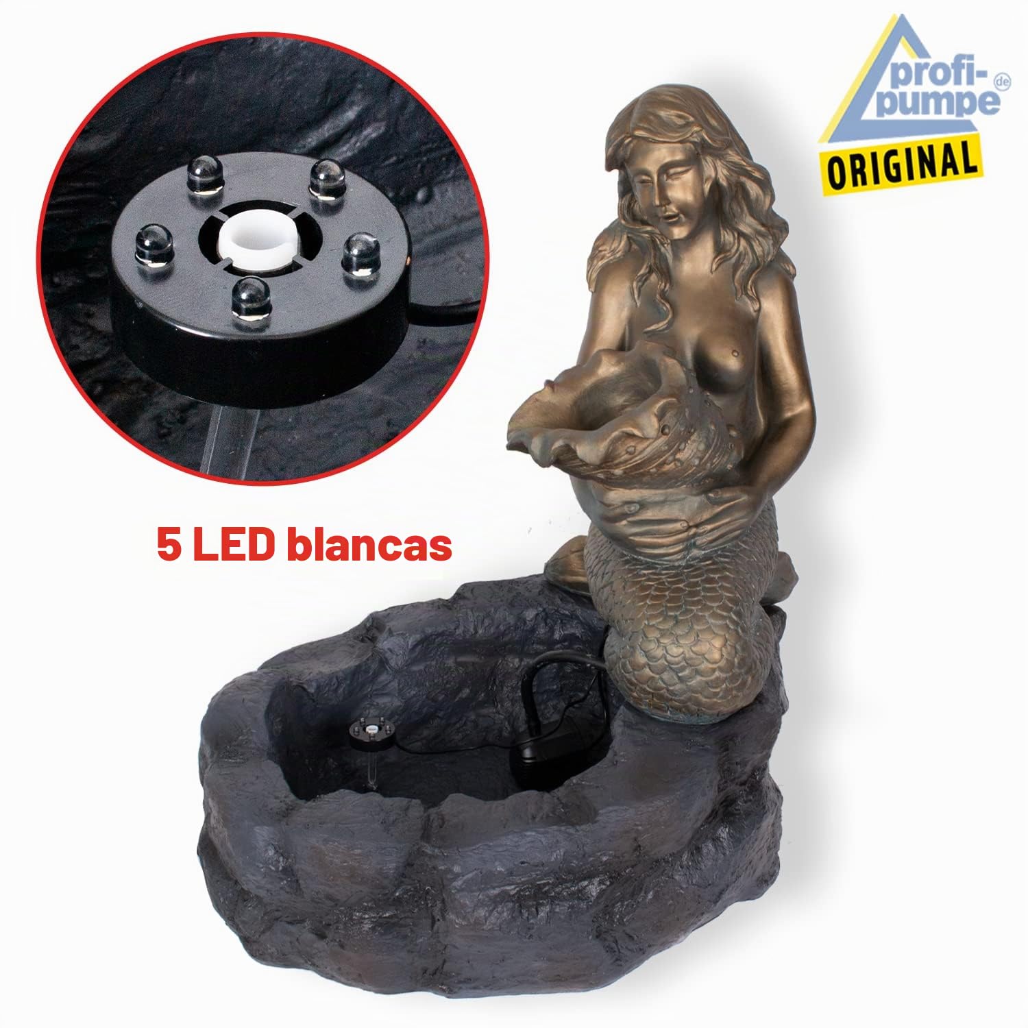 Fuente Solar para jardín MEERJUNGFRAU Am TEICH, Cascada, luz para jardín Bomba para Estanque para balcón Modelo con función de Arranque instantáneo de la Bomba con batería de Iones de Litio y luz LED