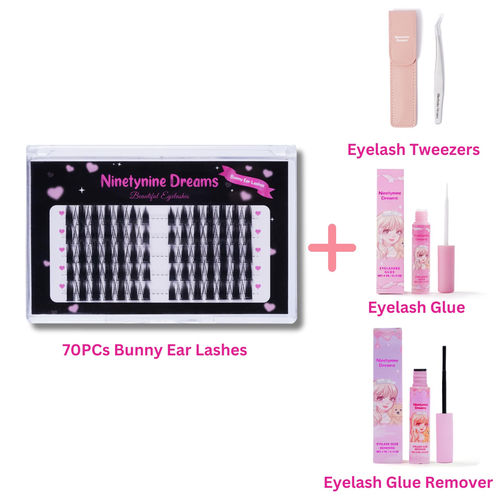 Ninetynine Dreams 70PCS Bunny Ear Lashes (10-14mm) C+ Curl Individual False Eyelash Extension Thin Band Reusable Manhua Manga Anime Volume Lashes