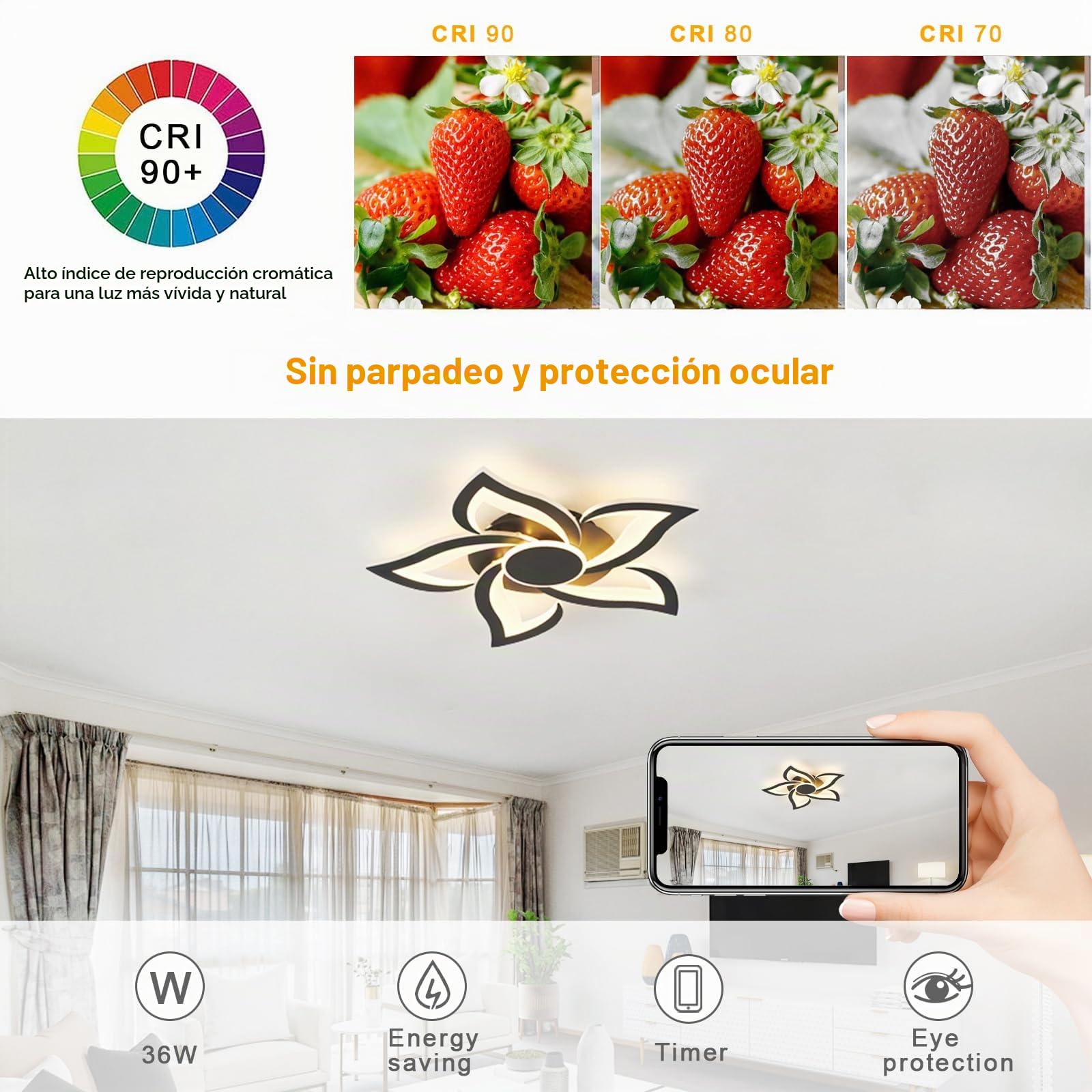 Flor Lampara Techo Con Mando A Distancia APP, LED Regulable 3000K-6000K Plafones De Techo, 36W Moderna Luces Techo Con Temporizador Para Dormitorio Cocina Sala De Estar Oficina