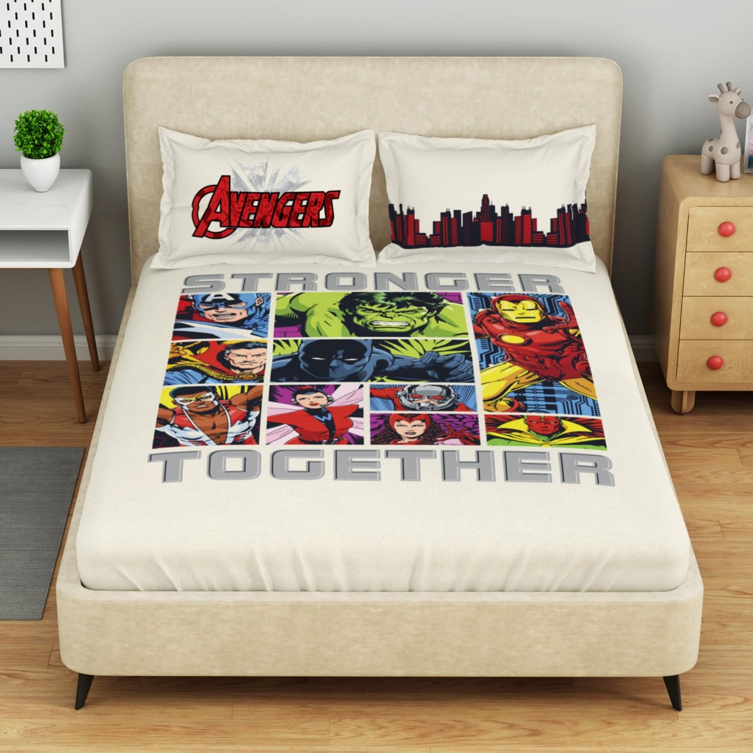Spaces Marvel Avengers Kids Bedsheet – Double Bed, Whisper White, 100% Cotton, 180 TC, 1 Double Bedsheet with 2 Pillow Covers (228 x 274 cm, 43 x 68 cm)-image-3