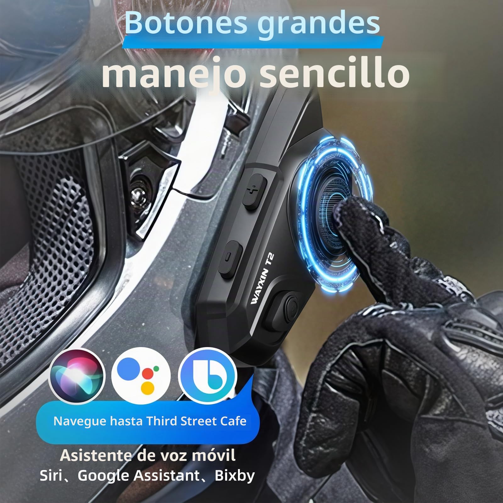 T2 - Auriculares de moto con intercomunicador, sistema de comunicación para 2 personas en un alcance de 300 m, con asistente de voz, manos libres, control de llamadas de música (2 unidades)