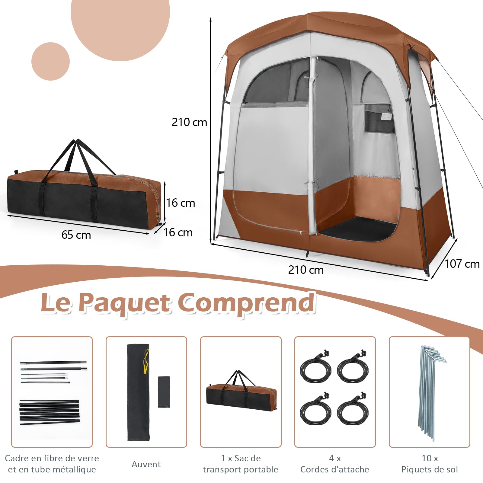 GOPLUS Tente de Douche 2 Personnes, Tente Cabine d'Essayage Portable avec Portes Zippées et 4 Fenêtres, Tente de Vestiaire avec Sac de Transport, pour Camping, Toilettes et Douche, Gris (Brun)
