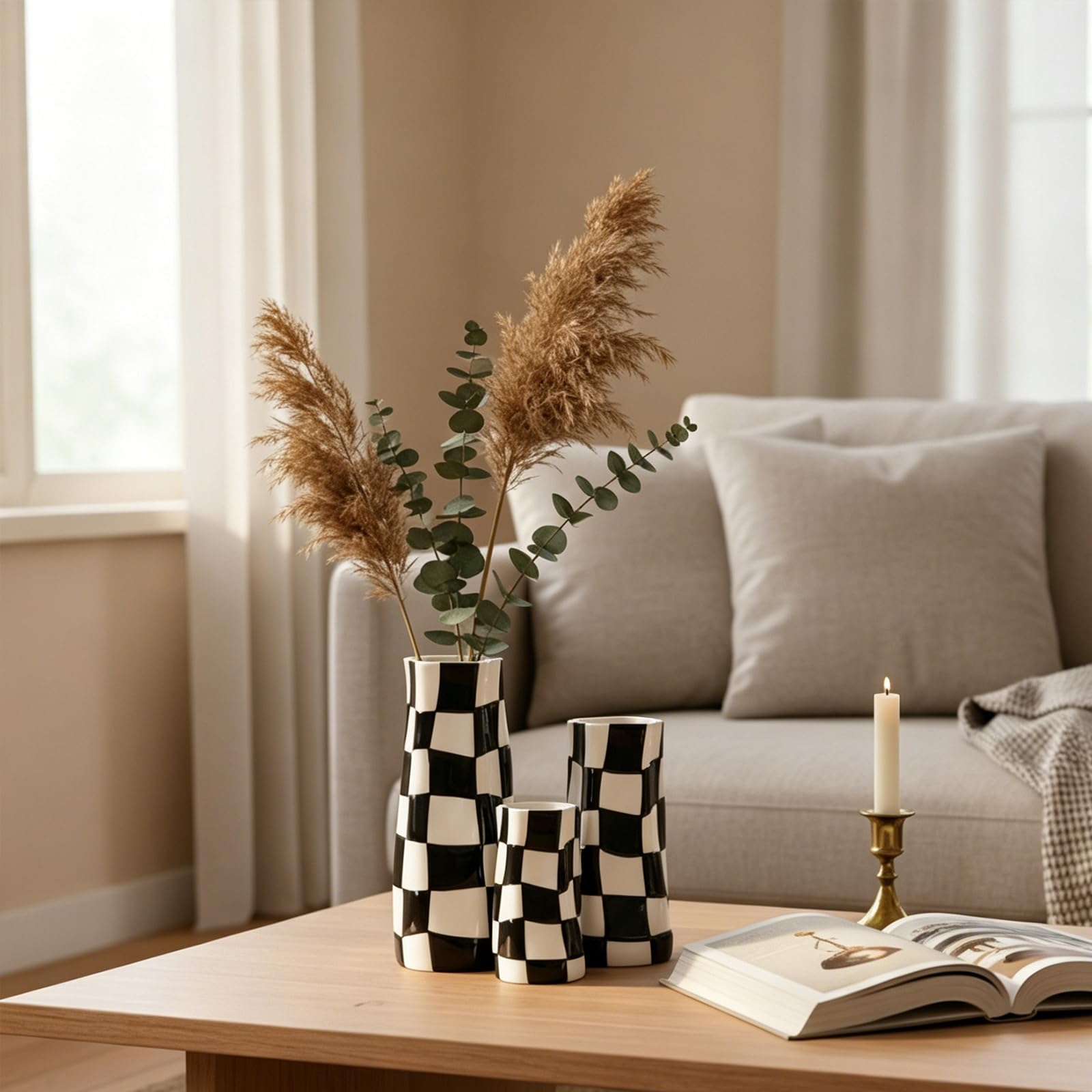 Keramik-Vasen-Set (3-teilig) in Schwarz-Weiß – Schwarze, Karierte Vase mit breiter Öffnung – Große dekorative Blumenvasen für Wohnzimmer, Tischdekoration, Esszimmer (Schwarz)