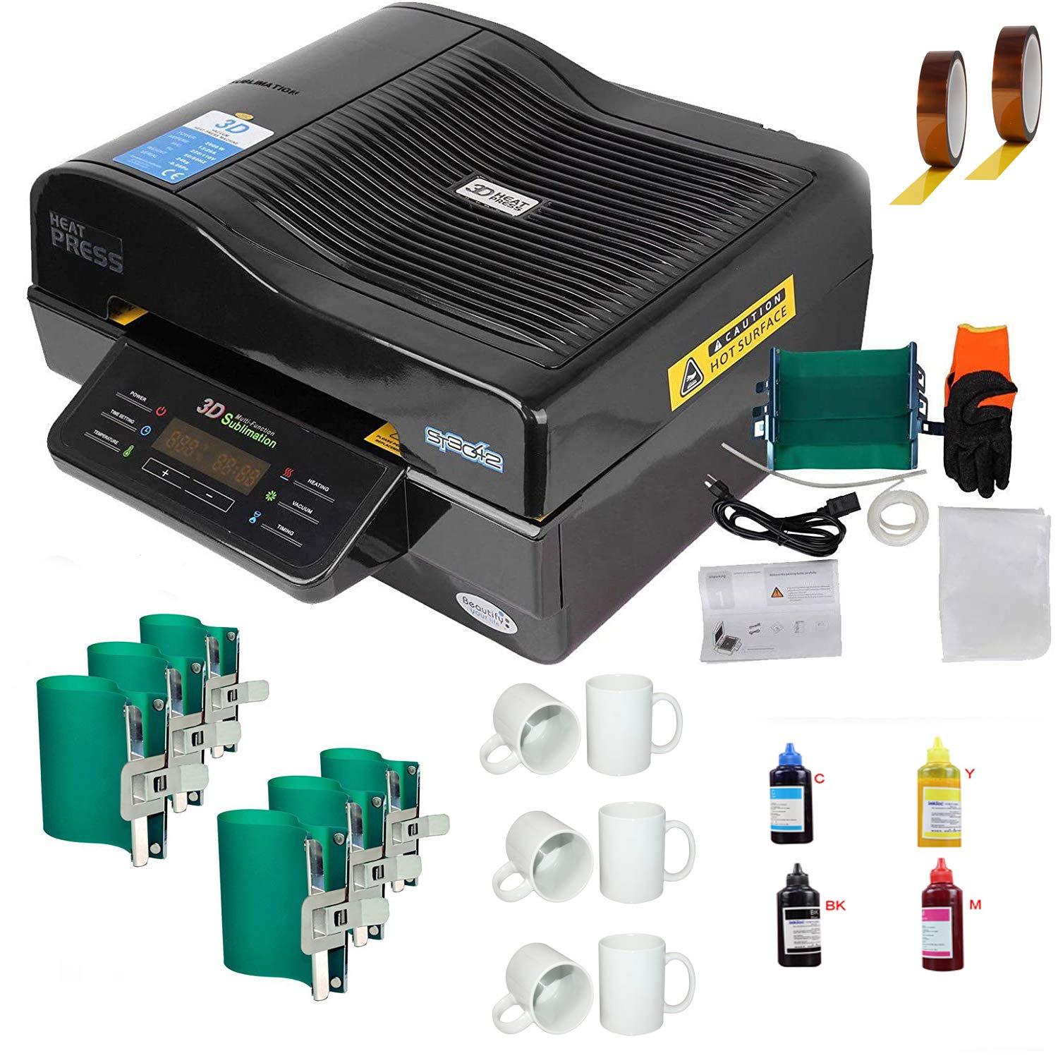 TECHTONGDA 3D Vacuum Sublimation Heat Press Machine 110V Muti-fuction Sublimation Transfer Machine with Ink Rubber Clamp Tape and Mugs for Mugs Plates Phone Cases Transfering Printing