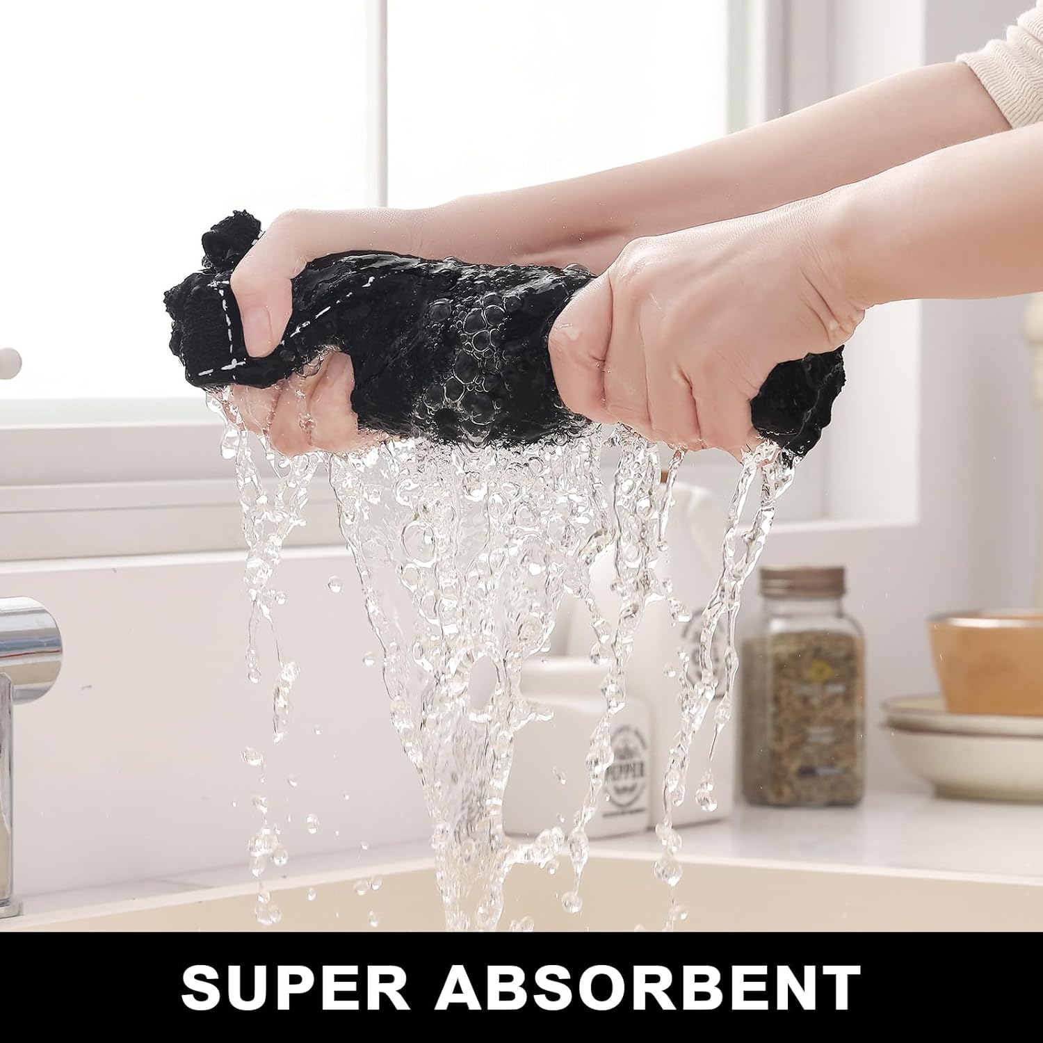 Homaxy Kitchen Towels and Dishcloths Set, 12 x 12 and 13 x 28 Inches, Set of 8 Bulk Cotton Terry Kitchen Towels Set, Checkered Designed, Soft and Super Absorbent Dish Towels, Black - Image 3