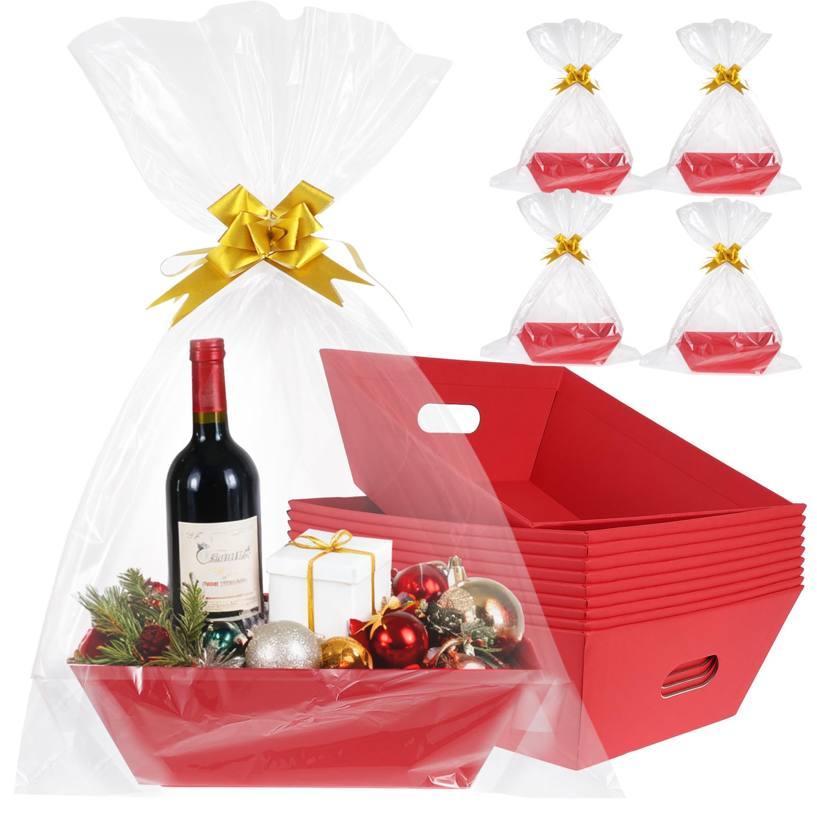 Lot de 10 paniers cadeaux vides en papier kraft épais avec 10 nœuds et 10 sacs pour cadeaux de Noël, Pâques, anniversaires, collations, Saint-Valentin, fêtes de fin d'année, 35 x 25 x 10 cm