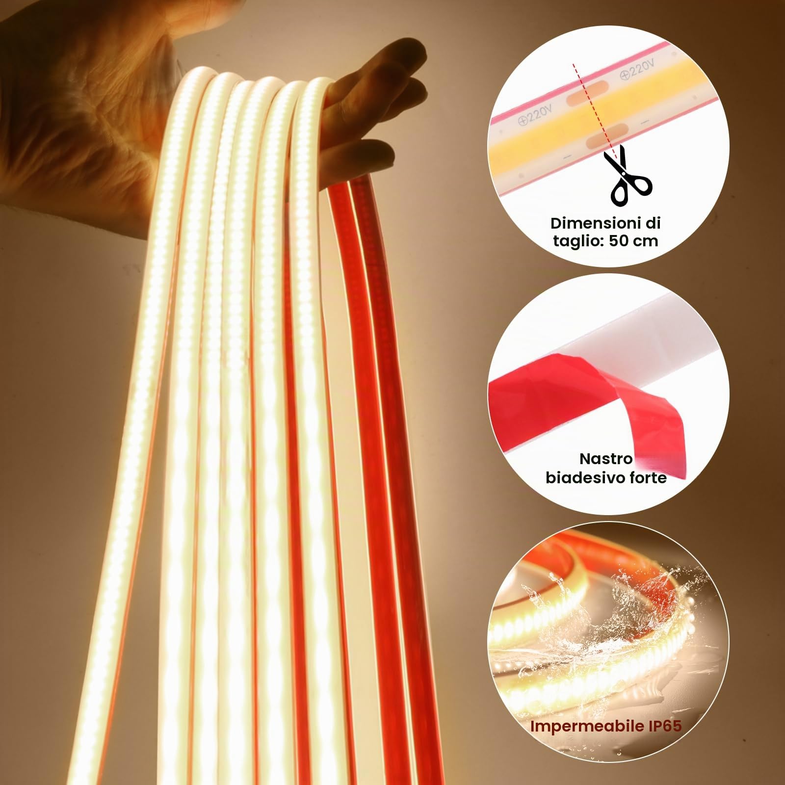 Striscia LED COB 220V, 25M Bianco Naturale 4000K FCOB Striscia LED flessibile, design fai da te, camera da letto, soggiorno, sala giochi, cucina, festa e decorazione del negozio