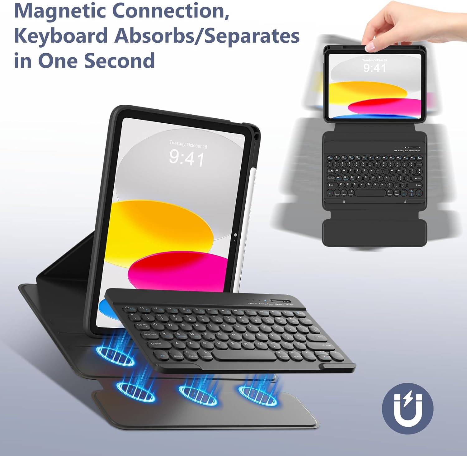 besky Keyboard case for iPad A16 11th 10th Generation 11/10.9 inch, Detachable Keypad，360 Rotatable Magnetic Cover with Pencil Holder for iPad 11 2025 10 Gen 2022 - Black