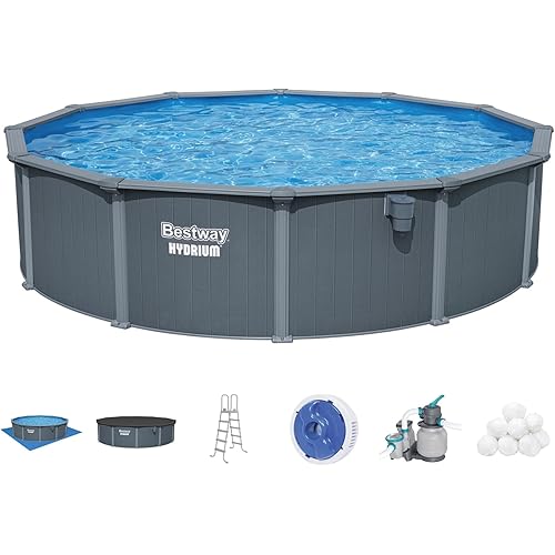 Bestway Hydrium 18' x 52" Above Ground Pool, Round Steel Side Wall Frame Outdoor Swimming Pool Set with Sand Filter Pump, Polysphere Filtration Balls, Ladder & Accessories
