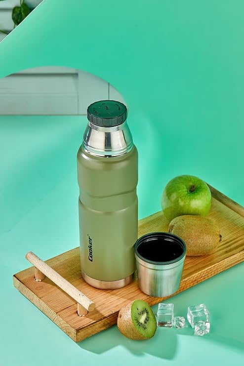 Cooker 500 ML Çift Kat Sızdırmaz Paslanmaz Çelik Termos, Haki, 12 Saat Sıcak 24 Saat Soğuk Koruma