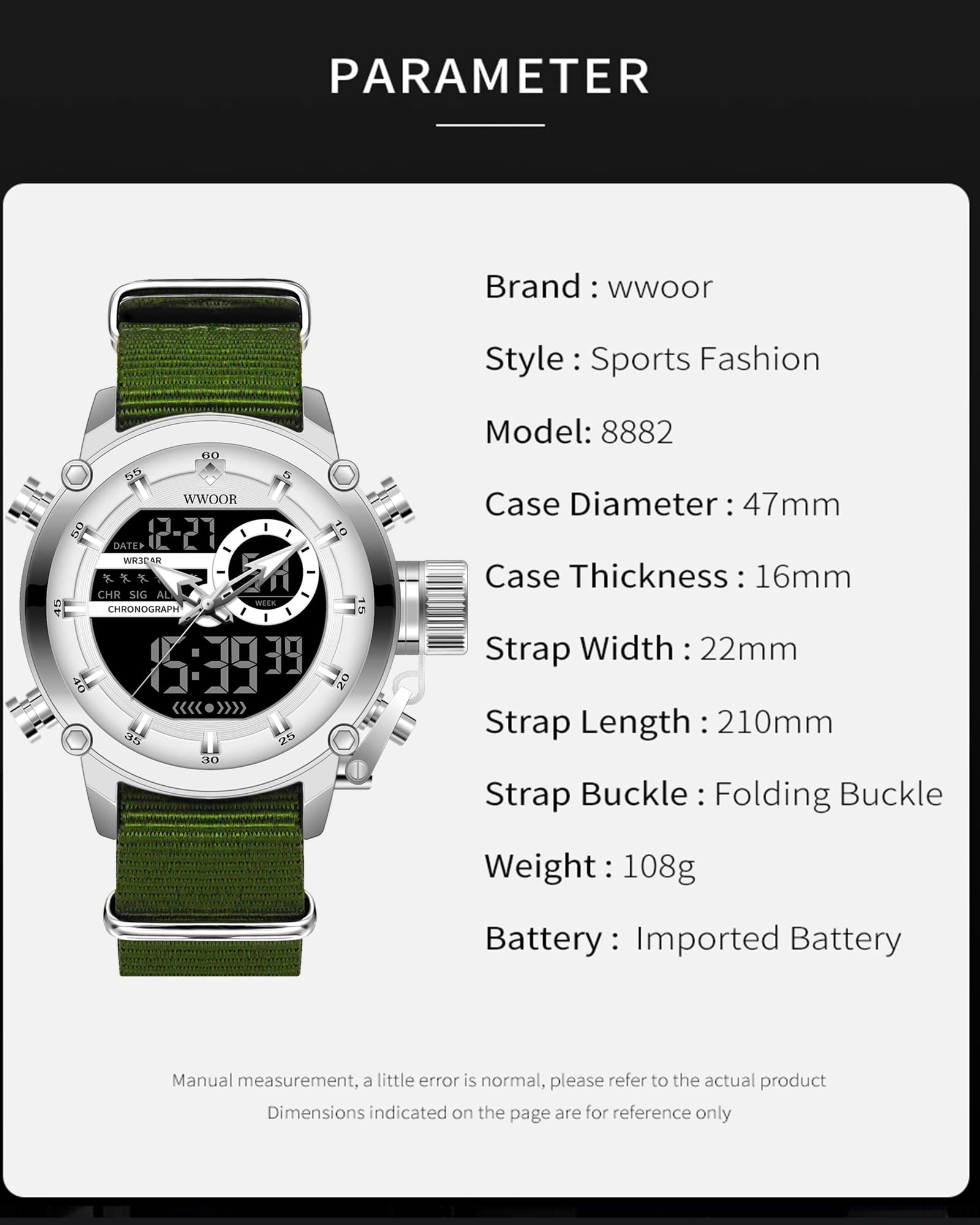 WWOOR Orologio da uomo, sportivo, impermeabile, militare, con data, multifunzione, tattica, orologio da uomo, con sveglia, cronometro, 01-NL-bianco, digitale, al quarzo