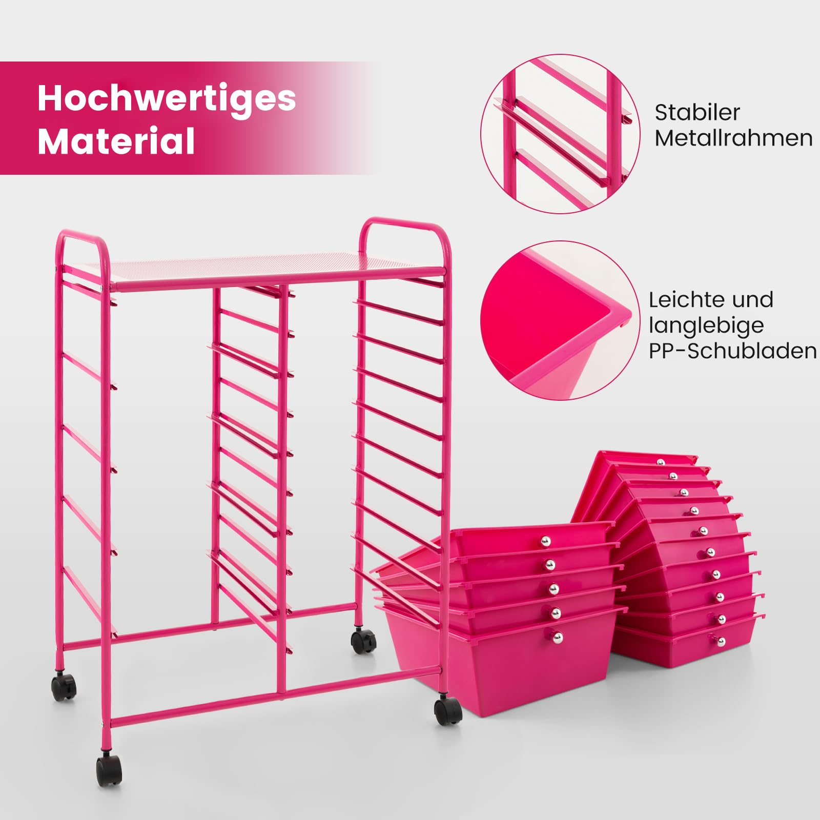 COSTWAY Rollwagen mit 15 stapelbaren Schubladen, Rosarot